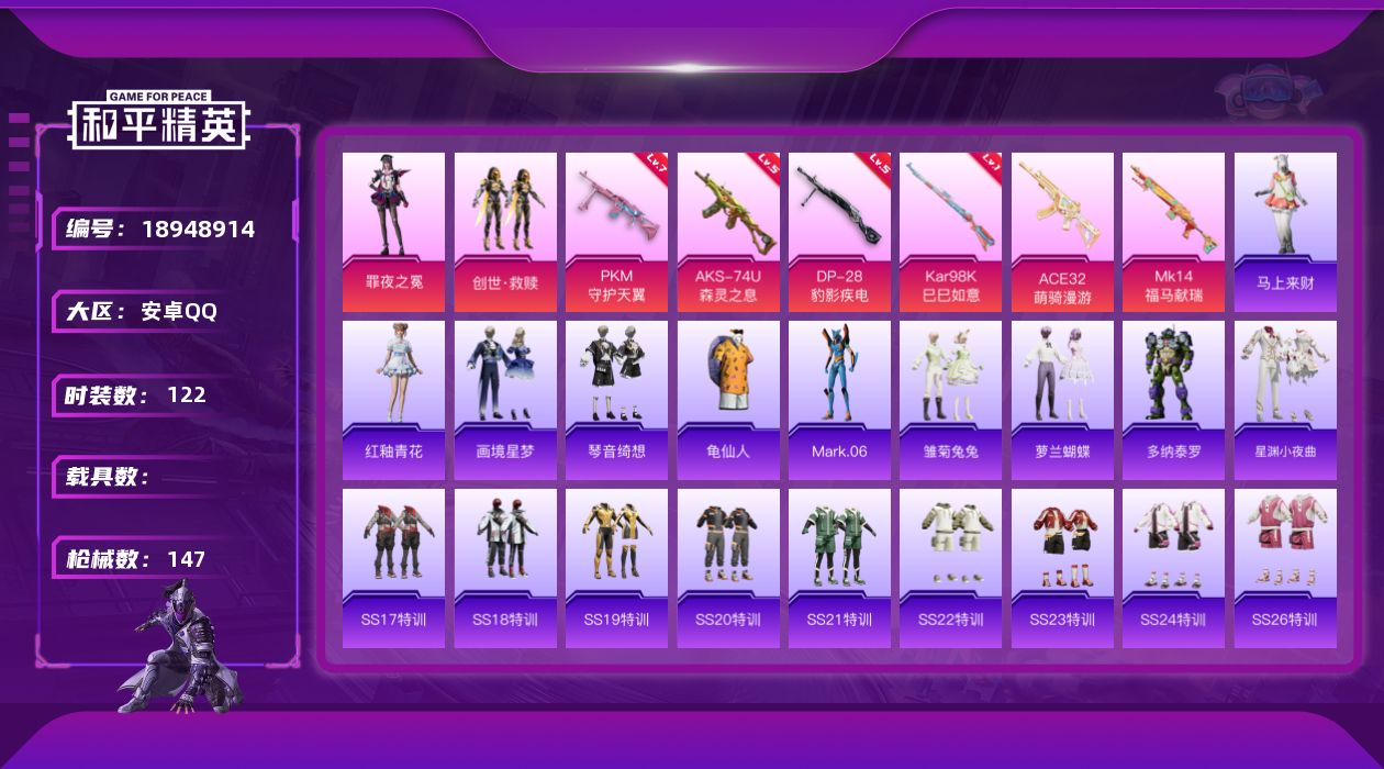 和平精英账号安卓QQ[18948914]安卓 手Q-2粉装-6特效枪-0载具-2粉色飞行器-42150热力值-9王牌印记-122套装-147枪皮
【热门品类】：套装-龟仙人，角色-Mark.06
【粉色套装】：套装-创世