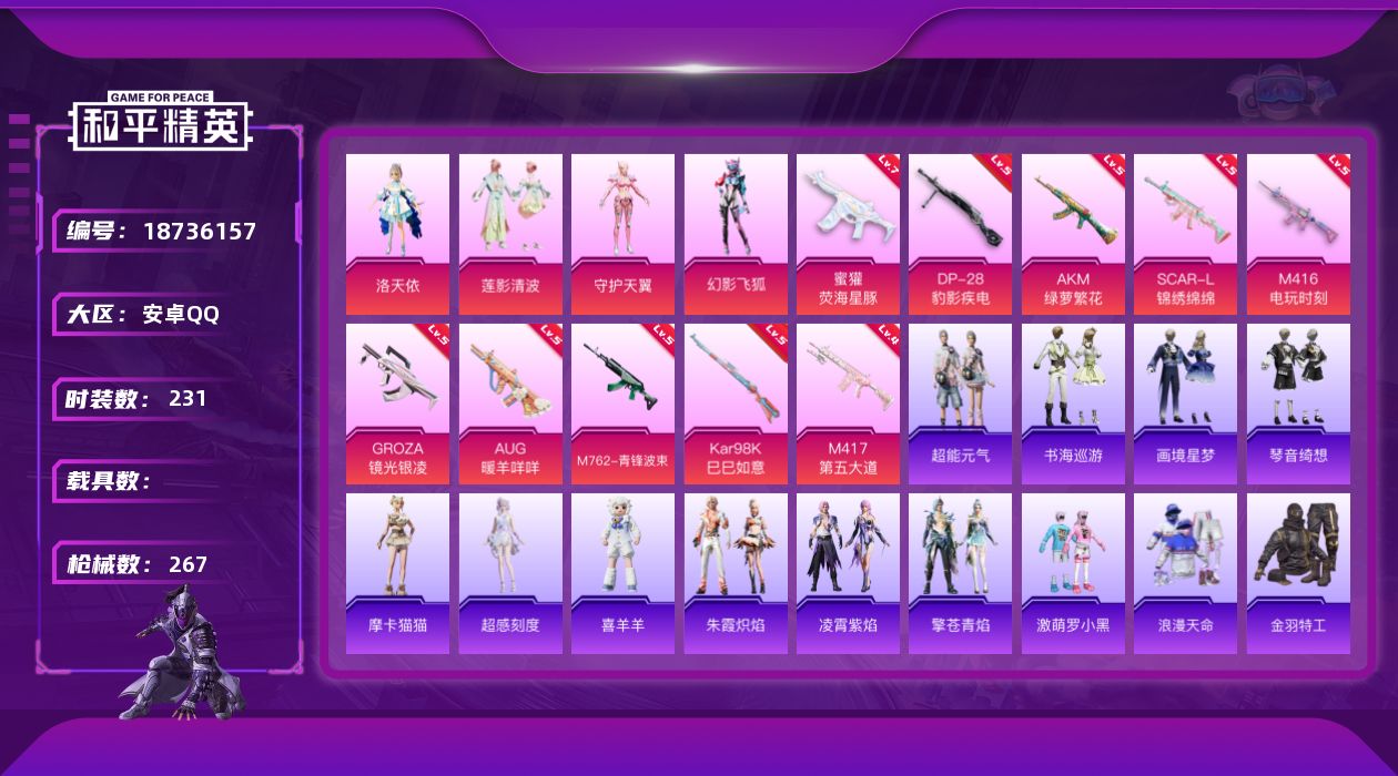 和平精英账号安卓QQ[18736157]安卓 手Q-6粉装-13特效枪-0载具-1粉色飞行器-84428热力值-15王牌印记-231套装-267枪皮
【热门品类】：套装-浪漫天命，套装-金羽特工，套装-龟仙人，套装-暗影