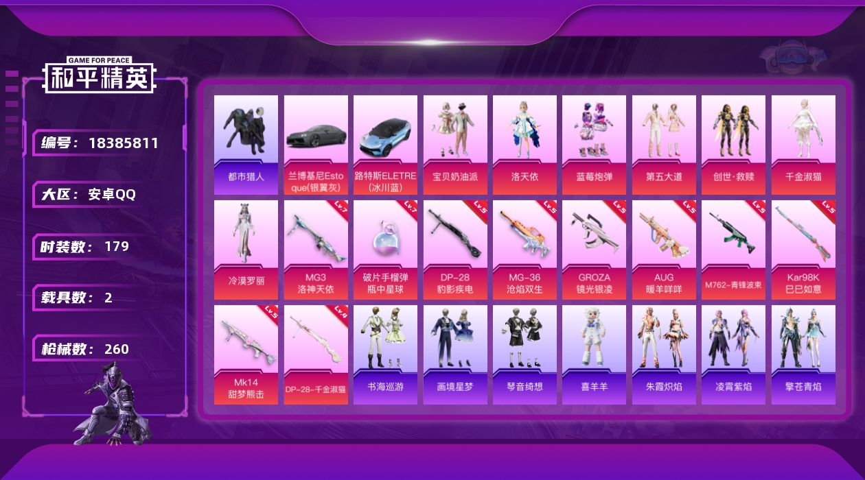和平精英账号安卓QQ[18385811]【特价出售/店主推荐】安卓 手Q-7粉装-13特效枪-2载具-3粉色飞行器-78921热力值-15王牌印记-179套装-260枪皮【热门品类】：套装-浪漫天命，套装-都市猎人，套装