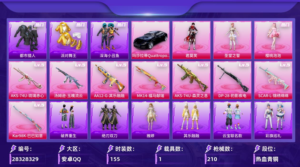 [28328329]安卓手Q-历史最高段位：卓越王牌20星-3粉装-8特效枪-1载具-2粉色飞行器-59641热力值-20王牌印记-155套装-210枪皮
【热门品类】：套装-浪漫天命，套装-都市猎人，套装-派对舞王，套装-深海小丑鱼，套装-龟仙人，套装-暗影哥特，套装-粉红小猪
【粉色套装】：角色-圣堂之誓，角色-樱桃泡泡，角色-君莫笑
【粉色枪皮等级】：SCAR-L-锦绣绵绵(五级)，汤姆逊-玉魄流云(五级)，AKS-74U-森灵之息(五级)，AKS-74U-琉璃赤心(五级)，Kar98K-巳巳如意(五级)，Mk14-福马献瑞(五级)，AA12-G-其乐融融(五级)，DP-28-豹影疾电(五级)
【粉色载具】：玛莎拉蒂Quattroporte（夜幕蓝）
【粉色枪皮】：SCAR-L-锦绣绵绵，汤姆逊-玉魄流云，AKS-74U-森灵之息，AKS-74U-琉璃赤心，Kar98K-巳巳如意，Mk14-福马献瑞，AA12-G-其乐融融，DP-28-豹影疾电
【粉色飞行器】：炫彩糖果飞行器，镜光幻境飞行翼
【粉色降落伞】：绝对恒星降落伞，满月旋律降落伞，破风疾驰降落伞，垂柳戏鸭降落伞，第五大道降落伞，萌物绒绒降落伞，创世·救赎降落伞，异瞳寒姬降落伞，炫彩糖果降落伞，夜鸢箴言降落伞
【稀有套装】：套装-龟仙人，套装-巳巳如意，套装-雪国风尚，套装-炫彩糖果，套装-马上有钱，套装-迅捷龙虾，套装-遗迹猎人，套装-云宝联名款，套装-其乐融融，套装-彩旗巡礼，套装-恋语绒绒，套装-绝刃双刀，套装-荒原烈焰，套装-破界重生，套装-雏菊兔兔，套装-萝兰蝴蝶，角色-蜜桃派对，套装-粉恋花，套装-紫幽梦，套装-蓝冰羽，套装-极速光影，角色-紫俏灵猫，套装-雨过天青，套装-红釉青花，套装-锦灰蝶梦，套装-燕雀桃枝，角色-雅婷
【稀有枪皮】：AUG-冰晶雪宝，AKM-彩虹符号，AKM-影袭，AKM-破晓战魂，AKM-龙的传人，M16A4-幻世战舞者，M16A4-红色方程式，M16A4-蓝色火焰，M16A4-千金淑猫，SCAR-L-夜灯，SCAR-L-炫彩节奏，SCAR-L-玉兔迎春，SCAR-L-红色方程式，SCAR-L-黄金龙骨，M416-潮汐统领，M416-糯团青竹，M416-红色方程式，M416-蓝色火焰，GROZA-影袭，GROZA-治愈之星，AUG-甜蜜菠萝，AUG-耀粉歌者，QBZ-彩虹符号，QBZ