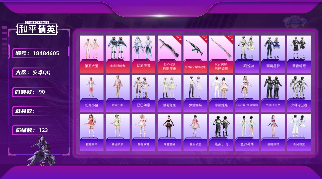 和平精英账号安卓QQ[18484605]可二次【特价出售/店主推荐】安卓 手Q-3粉装-6特效枪-2粉色飞行器-34799热力值-5王牌印记-90套装-123枪皮【热门品类】：套装-粉红小猪【粉色套装】：粉装-第五大道，