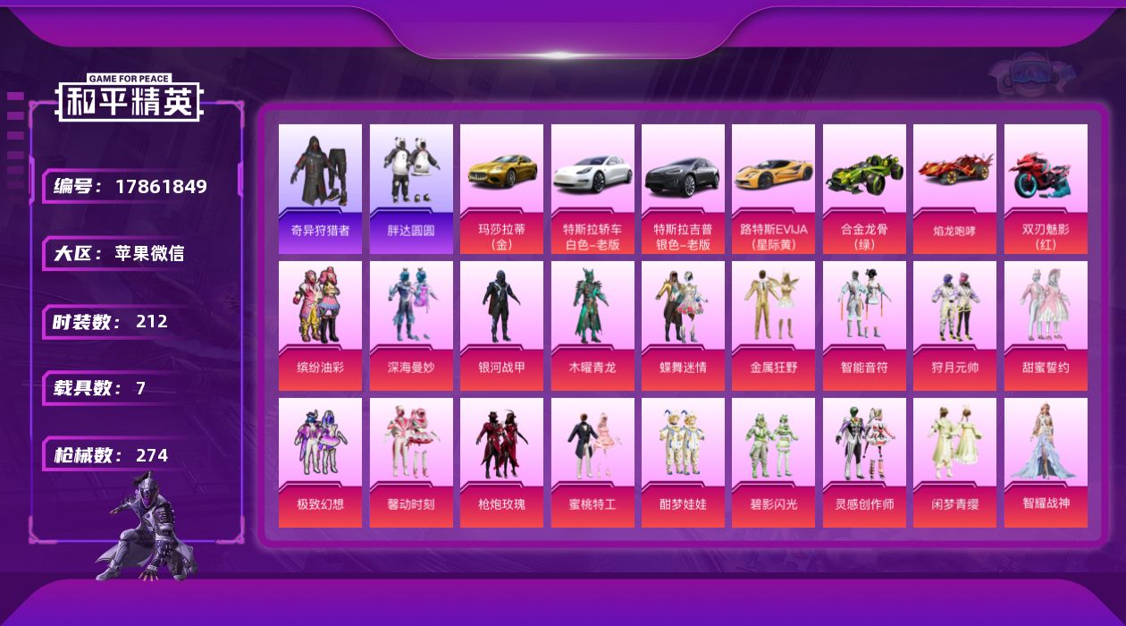 和平精英账号苹果微信[17861849]【特价出售/店主推荐】苹果 微信-无敌战神框-18粉装-9特效枪-7载具-4粉色飞行器-113611热力值-25王牌印记-212套装-274枪皮
【热门品类】：粉装-缤纷油彩，套装