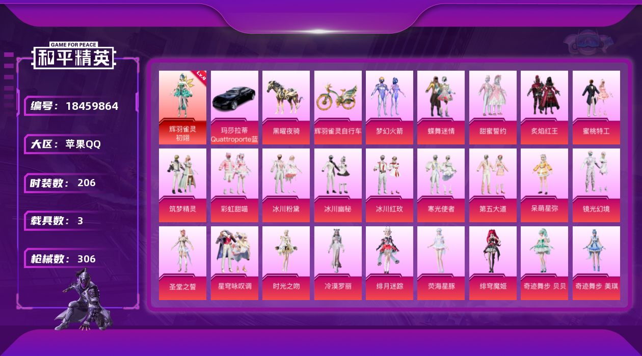 和平精英账号苹果QQ[18459864]苹果 手Q-1神装-24粉装-9特效枪-3载具-9粉色飞行器-101435热力值-8王牌印记-206套装-306枪皮
【红色神装等级】：辉羽雀灵-初翊(四级)
【红色角色神装】：辉