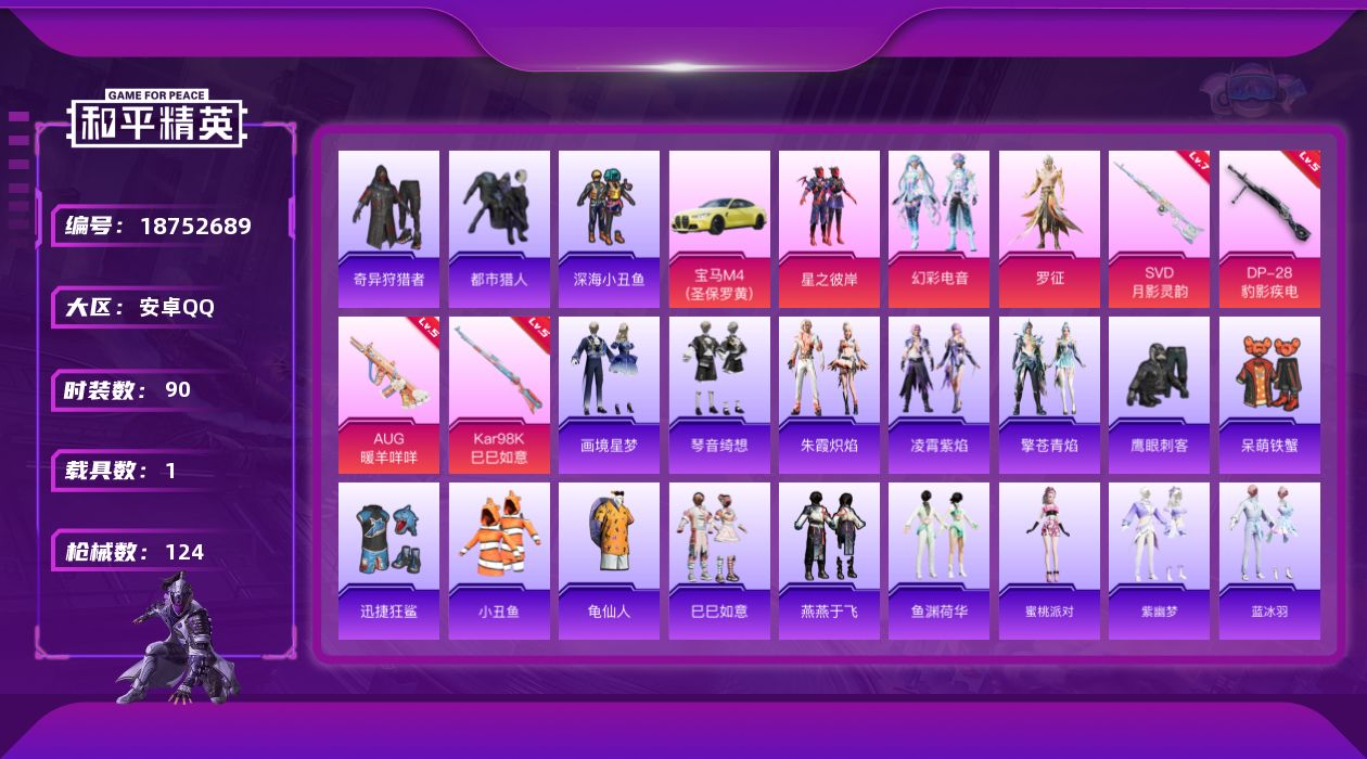 和平精英账号安卓QQ[18752689]安卓 手Q-3粉装-6特效枪-1载具-1粉色飞行器-36351热力值-1王牌印记-90套装-124枪皮
【热门品类】：套装-都市猎人，套装-深海小丑鱼，套装-小丑鱼，套装-奇异狩猎