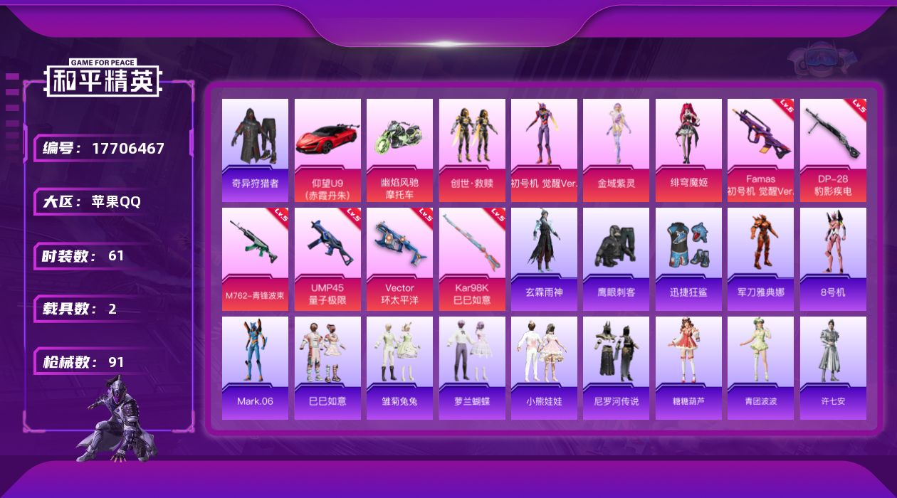 和平精英账号苹果QQ[17706467]苹果 手Q-4粉装-7特效枪-2载具-1粉色飞行器-29247热力值-3王牌印记-61套装-91枪皮
【热门品类】：套装-奇异狩猎者，角色-军刀雅典娜，角色-8号机，角色-Mark