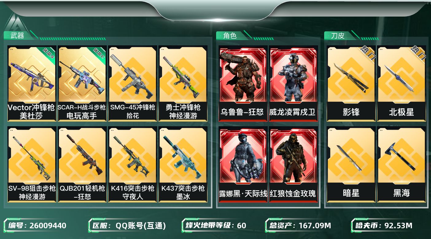三角洲行动账号QQXD2698/QQ/9253W哈夫币/总资产167.2M/行动等级60/战场等级50/高级安全箱/限