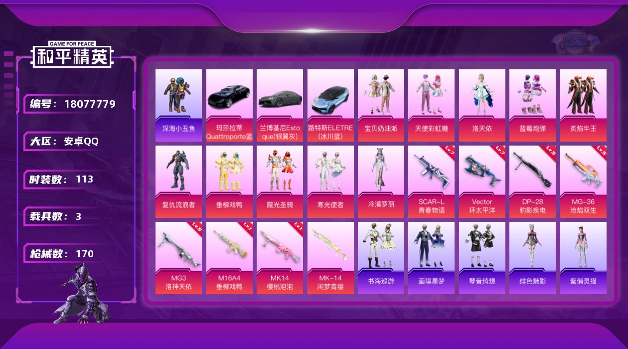和平精英账号安卓QQ[18077779]【店主推荐捡漏号！可直接换绑】安卓 手Q-10粉装-9特效枪-3载具-3粉色飞行器-60089热力值-9王牌印记-113套装-170枪皮【热门品类】：套装-深海小丑鱼，套装-小丑鱼