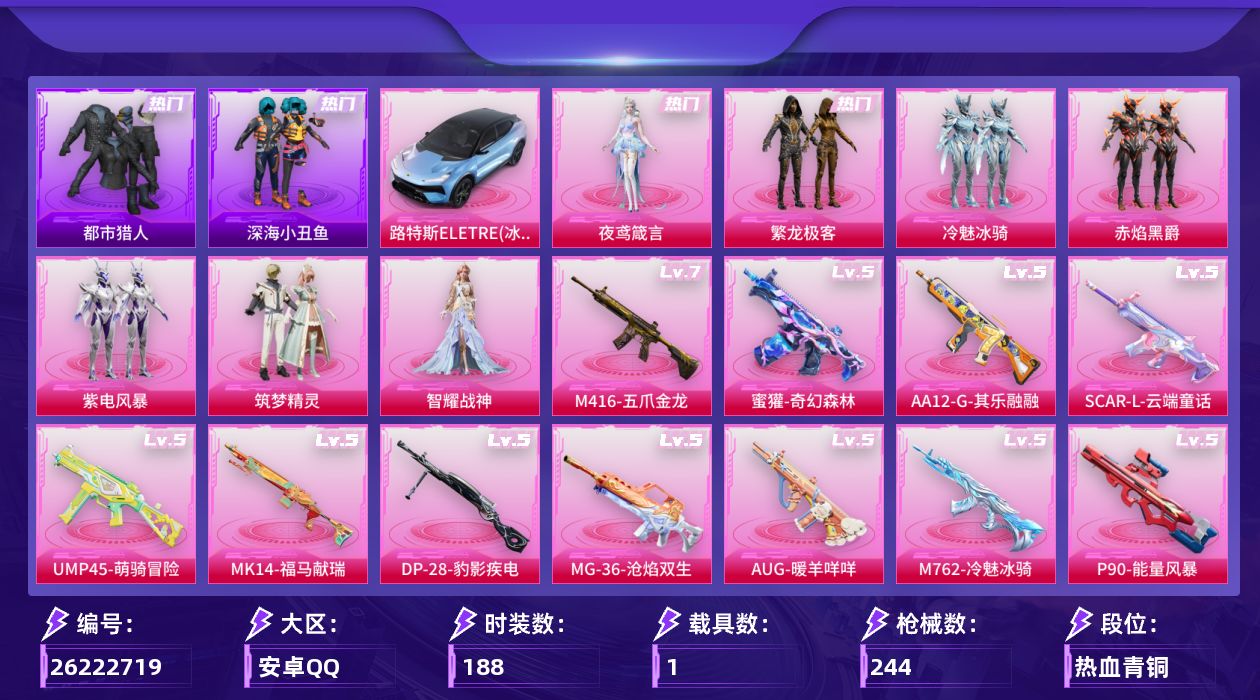 和平精英账号安卓QQ[26222719]【1107】安卓手Q-7粉装-12特效枪-1载具-3粉色飞行器-70683热力值-14王牌印记-188套装-244枪皮
【热门品类】：粉装-繁龙极客，套装-浪漫天命，套装-都市猎人