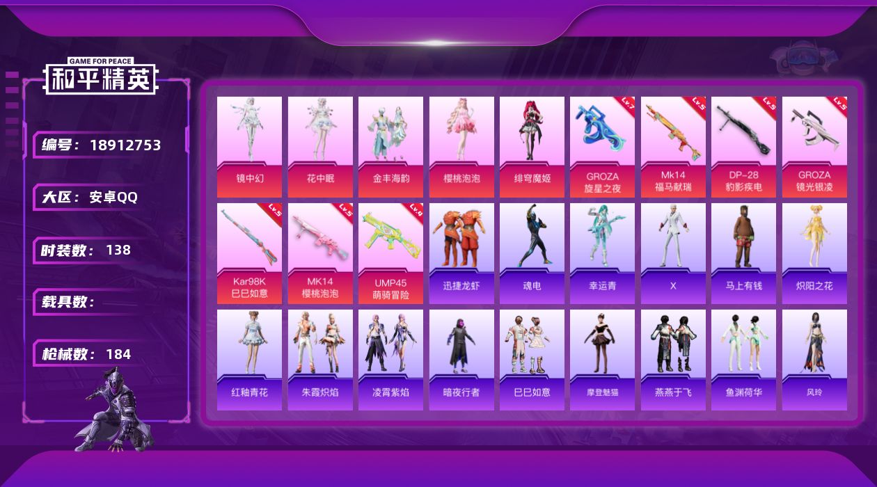 和平精英账号安卓QQ[18912753]安卓 手Q-5粉装-7特效枪-0载具-4粉色飞行器-56389热力值-2王牌印记-138套装-184枪皮
【热门品类】：套装-暗夜行者
【粉色套装】：粉装-金丰海韵，角色-樱桃泡泡