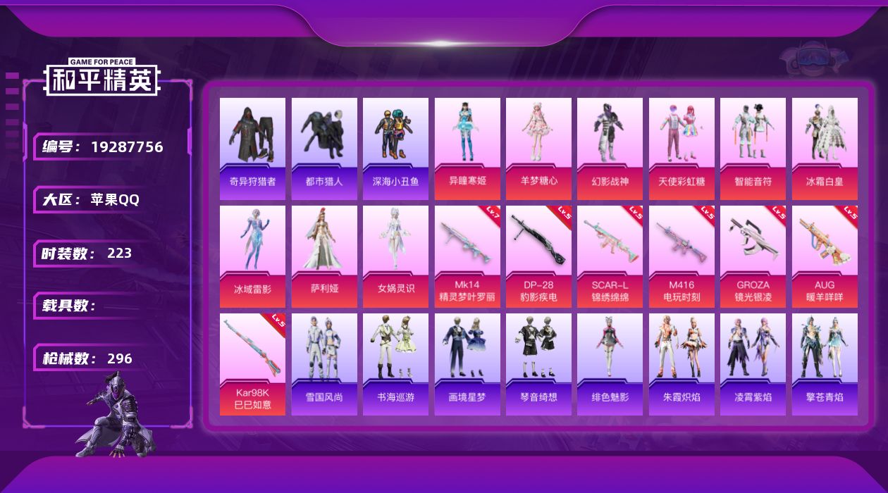 和平精英账号苹果QQ[19287756]223套装/枪械9/装备362/战备198/王牌印记21/热力值84684/五级SCAR-L-锦绣绵绵/五级M416-电玩时刻/五级GROZA-镜光银凌/五级AUG-暖羊咩咩/五级