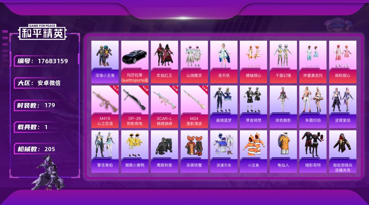 和平精英账号安卓微信[17683159]【店主推荐捡漏号】安卓 微信-7粉装-6特效枪-1载具-2粉色飞行器-64945热力值-10王牌印记-179套装-205枪皮【热门品类】：套装-浪漫天命，套装-深海小丑鱼，套装-小