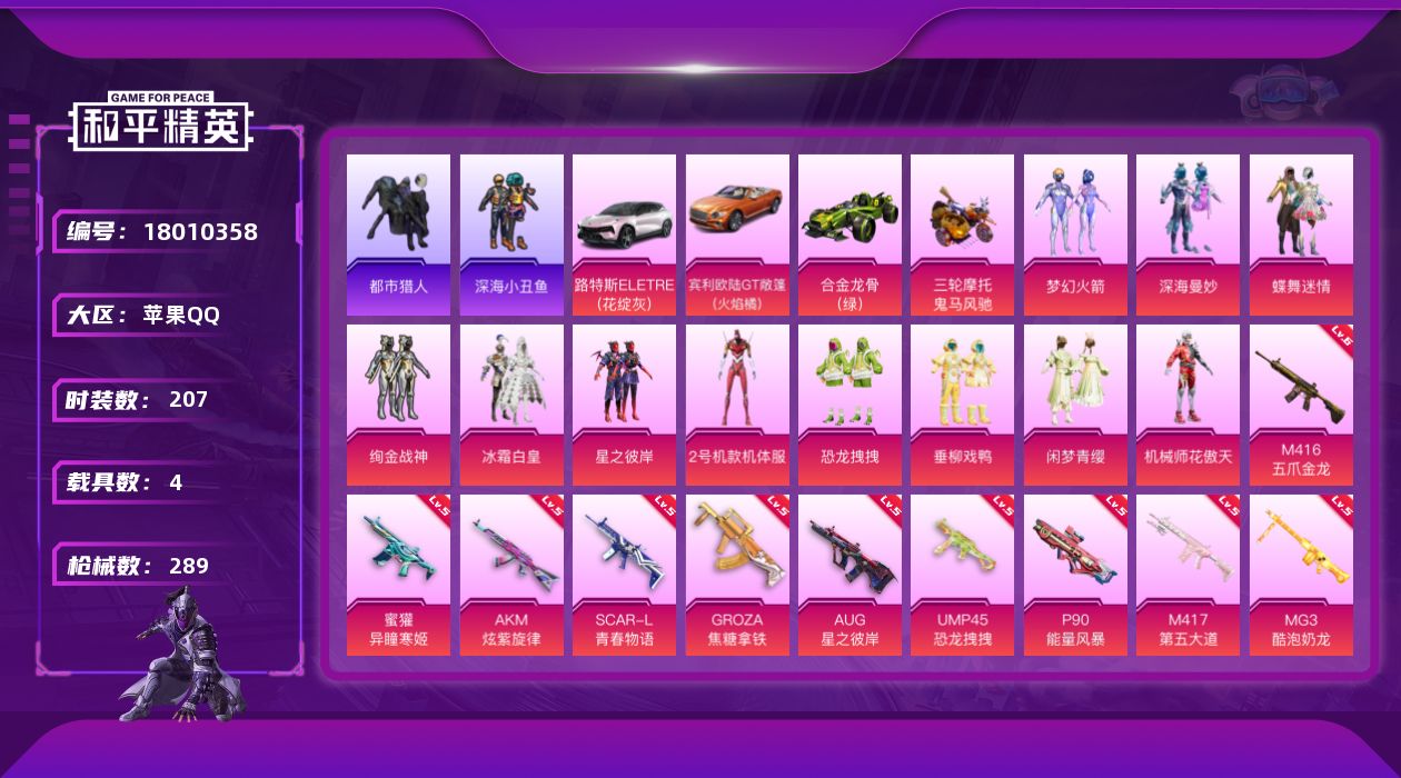 和平精英账号苹果QQ[18010358]苹果 手Q-无敌战神框-11粉装-14特效枪-4载具-6粉色飞行器-93115热力值-14王牌印记-207套装-289枪皮
【热门品类】：粉装-梦幻火箭，套装-都市猎人，套装-深海