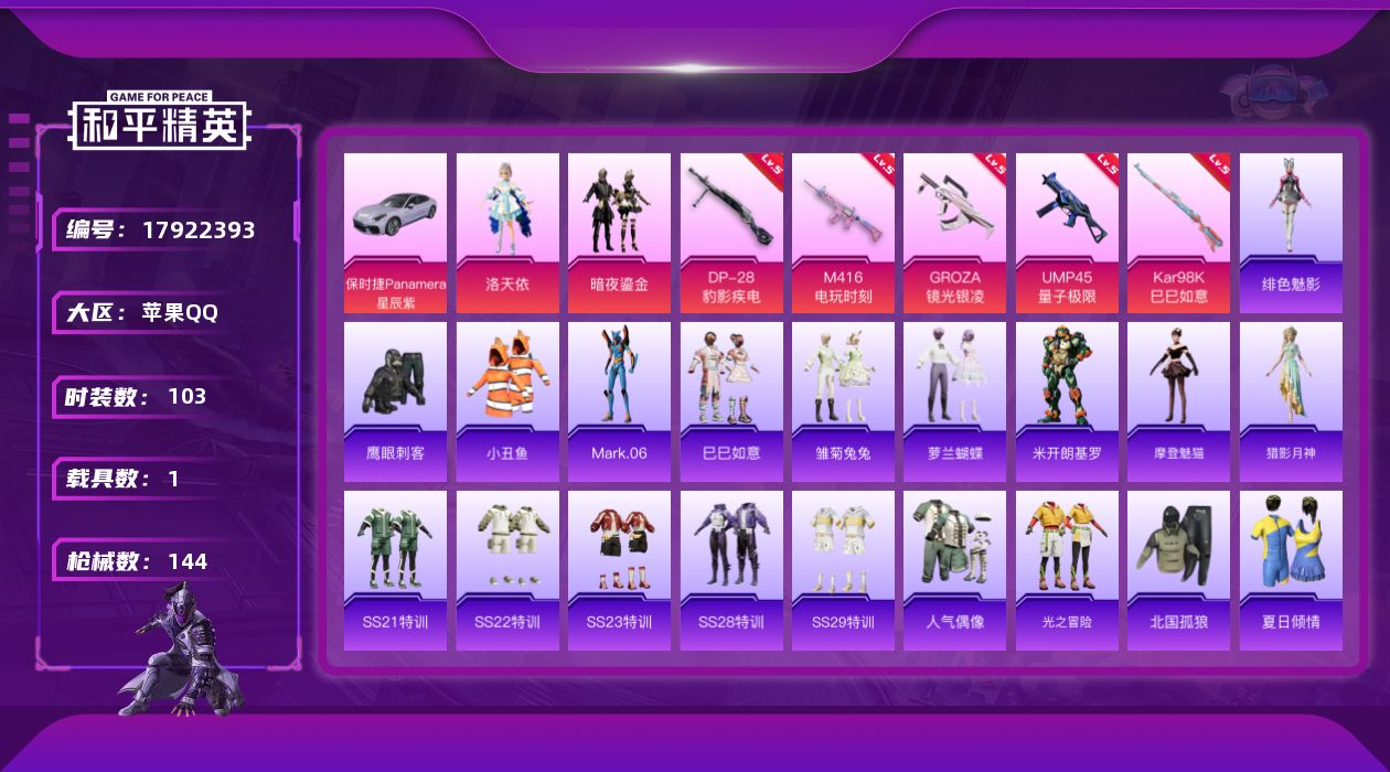 和平精英账号苹果QQ[17922393]苹果 手Q-2粉装-6特效枪-1载具-1粉色飞行器-42542热力值-10王牌印记-103套装-144枪皮
【热门品类】：套装-小丑鱼，角色-Mark.06
【粉色套装】：角色-洛