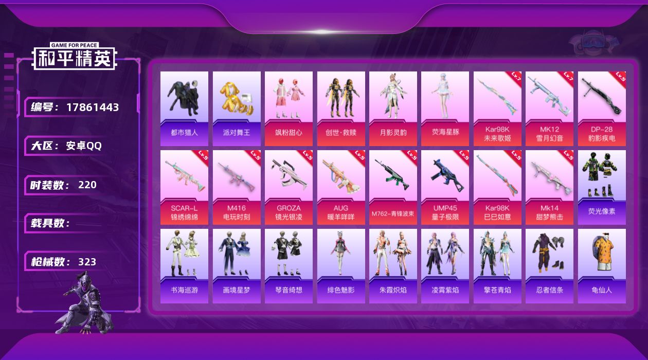 和平精英账号安卓QQ[17861443]可二次【特价出售/店主推荐】安卓 手Q-5粉装-15特效枪-4粉色飞行器-94181热力值-15王牌印记-220套装-323枪皮【热门品类】：套装-都市猎人，套装-派对舞王，套装-