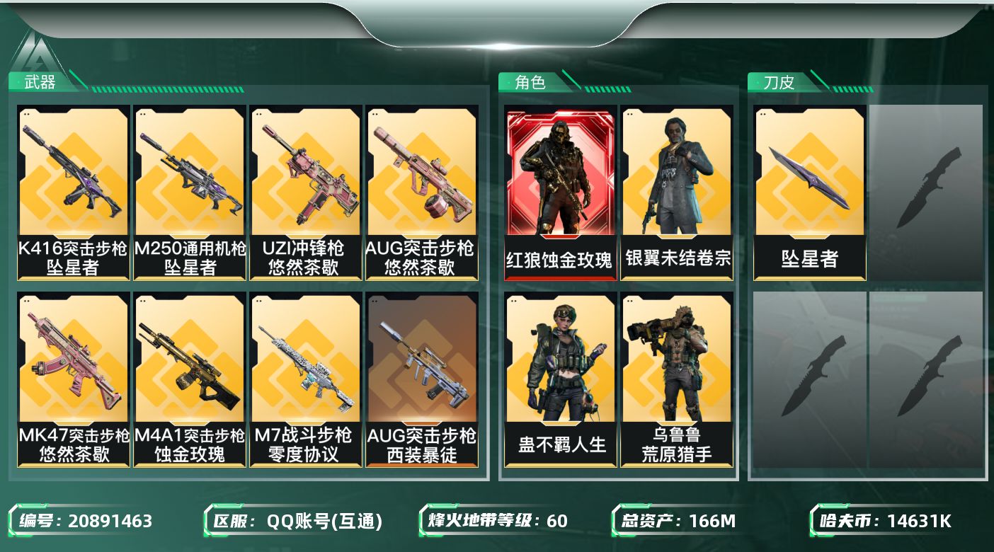 三角洲行动账号QQ【SJZDHC2958】DHC20363 坠星/蚀金/7金皮/130流动/166m总资产-14631