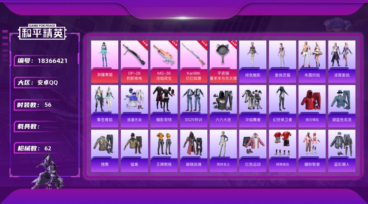 和平精英账号安卓QQ[18366421]极品小号 安卓 手Q-1粉装-4特效枪-0载具-1粉色飞行器-18315热力值-4王牌印记-56套装-62枪皮【热门品类】：套装-浪漫天命，套装-暗影哥特【粉色套装】：角色-异瞳寒