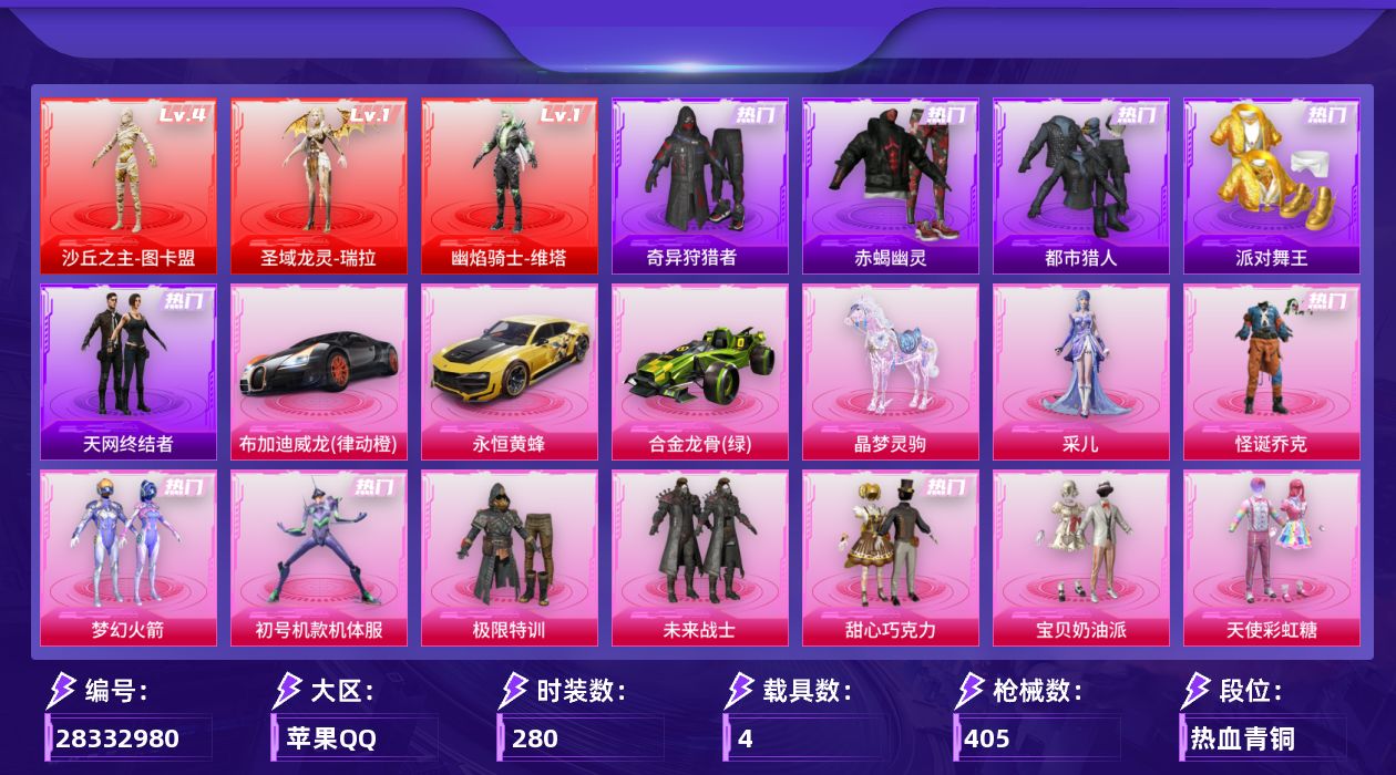 [28332980]苹果手Q-历史最高段位：绝世王牌20星-3神装-27粉装-18特效枪-4载具-19粉色飞行器-153939热力值-21王牌印记-280套装-405枪皮
【红色神装等级】：圣域龙灵-瑞拉(一级)，幽焰骑士-维塔(一级)，沙丘之主-图卡盟(四级)
【红色角色神装】：圣域龙灵-瑞拉，幽焰骑士-维塔，沙丘之主-图卡盟
【热门品类】：粉装-怪诞乔克，粉装-梦幻火箭，粉装-初号机款机体服，套装-浪漫天命，套装-赤蝎幽灵，套装-都市猎人，套装-派对舞王，套装-小丑鱼，套装-奇异狩猎者，套装-天网终结者，套装-龟仙人，套装-暗影哥特，套装-粉红小猪，角色-8号机，撬棍-龙胆亮银枪
【粉色套装】：粉装-极限特训，粉装-未来战士，粉装-怪诞乔克，粉装-甜心巧克力，粉装-宝贝奶油派，粉装-天使彩虹糖，粉装-梦幻火箭，粉装-放客神游，粉装-新星烈龙，粉装-花间之火，粉装-炙焰红王，粉装-星之彼岸，粉装-沙场疾风，角色-初号机款机体服，角色-复仇流浪者，粉装-冰川红玫，粉装-青空秋雨，角色-呆萌星弥，角色-小可学妹，粉装-未来歌姬，角色-美琪，套装-创世·救赎，角色-初号机 觉醒Ver.，角色-千金淑猫，角色-樱桃泡泡，粉装-星穹咏叹调，角色-采儿
【粉色枪皮等级】：AKM-梦之光华(五级)，AKM-幽焰骑士(三级)，SCAR-L-锦绣绵绵(五级)，M416-五爪金龙(三级)，M416-墨龙九天(九级)，GROZA-焦糖拿铁(五级)，AUG-星之彼岸(六级)，UMP45-量子极限(五级)，UMP45-宇宙意志(三级)，汤姆逊-玉魄流云(五级)，Kar98K-创世·救赎(四级)，Kar98K-巳巳如意(五级)，Mk14-盛世惊鸿(三级)，Mk14-福马献瑞(五级)，AMR-鸢尾晶梦(五级)，DP-28-千金淑猫(四级)，MG3-梦幻舞会(五级)，破片手榴弹-热量炸弹(六级)
【粉色载具】：布加迪威龙（律动橙），永恒黄蜂，合金龙骨（绿），空客H135-蔚蓝之翼，晶梦灵驹
【粉色枪皮】：AKM-梦之光华，AKM-幽焰骑士，SCAR-L-锦绣绵绵，M416-五爪金龙，M416-墨龙九天，GROZA-焦糖拿铁，AUG-星之彼岸，UMP45-量子极限，UMP45-宇宙意志，汤姆逊-玉魄流云，Kar98K-创世·救赎，Kar98K-巳巳如意，Mk14-盛世惊鸿，Mk14-福马献瑞，AMR-鸢尾晶梦，DP