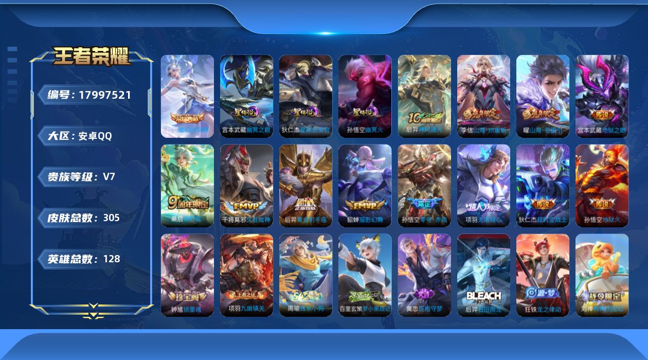 王者荣耀账号安卓QQ128英雄-305皮肤-V7-1典藏12传说 3星传说 幽冥火 幽冥之眼 星际治安官 【全皮英雄】 