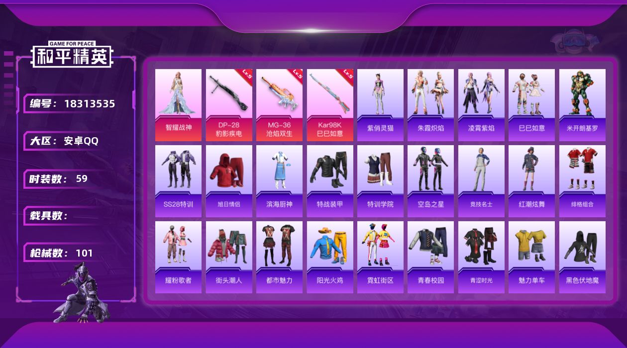 和平精英账号安卓QQ[18313535]安卓 手Q-1粉装-6特效枪-0载具-1粉色飞行器-24392热力值-1王牌印记-59套装-101枪皮
【粉色套装】：角色-智耀战神
【粉色枪皮等级】：AKS-74U-森灵之息(五