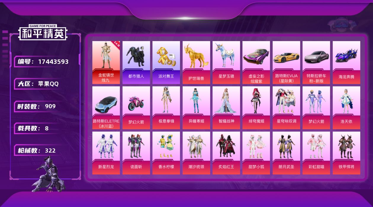 和平精英账号苹果QQ8载具-243套装-322枪皮-烛九5级 巡查衣 都市猎人1红装5稀有8载具19粉装13特效枪26热