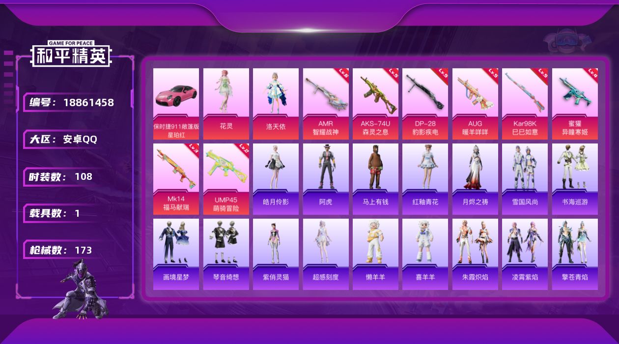 和平精英账号安卓QQ[18861458]108套装/枪械8/装备179/载具1/战备110/王牌印记2/热力值45598/五级AUG-暖羊咩咩/四级蜜獾-异瞳寒姬/二级UMP45-萌骑冒险/五级AKS-74U-森灵之息/