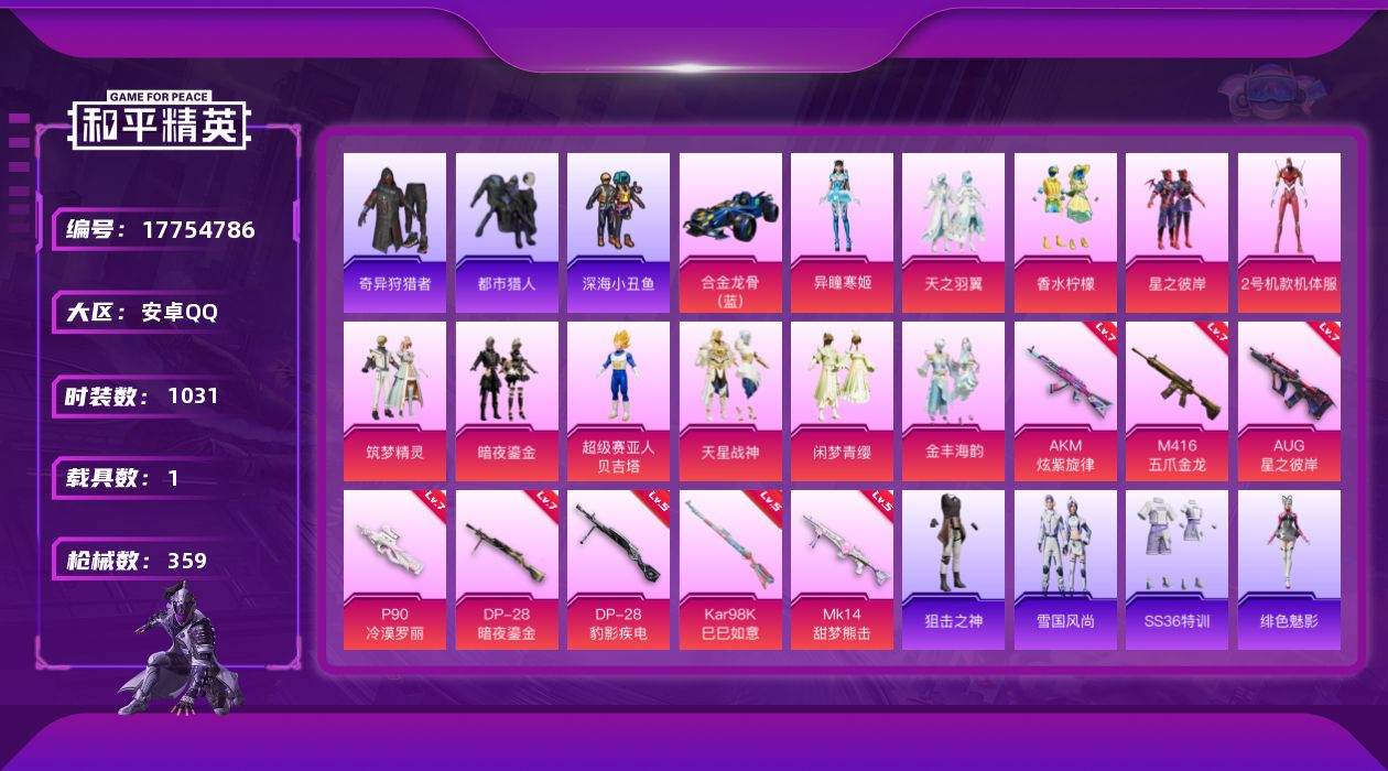 和平精英账号安卓QQ[17754786]10粉装 8特效枪 1载具 18印记 可二次 可修改实名 
【热门装扮】2号机款