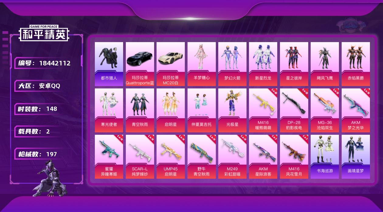 和平精英账号安卓QQ[18442112]安卓 手Q-11粉装-14特效枪-2载具-6粉色飞行器-68861热力值-6王牌印记-148套装-197枪皮
【热门品类】：粉装-梦幻火箭，套装-浪漫天命，套装-都市猎人，套装-龟