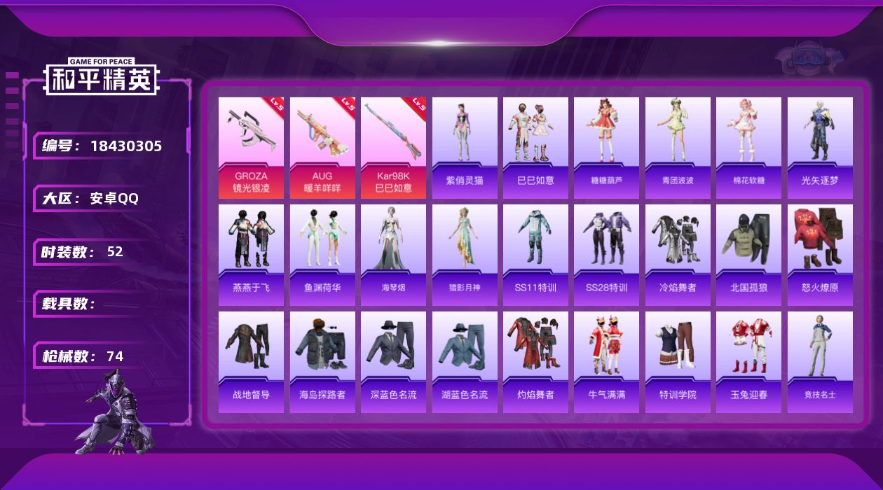 和平精英账号安卓QQ[18430305]安卓 手Q-1粉装-4特效枪-0载具-2粉色飞行器-22243热力值-2王牌印记-52套装-74枪皮
【粉色套装】：角色-罪夜之冕
【粉色枪皮等级】：GROZA-镜光银凌(五级)，