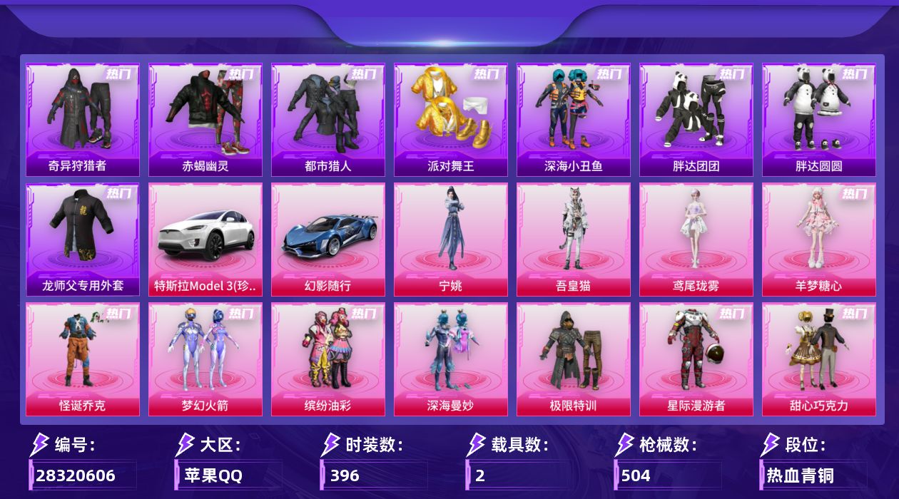 [28320606]苹果手Q-历史最高段位：超级王牌16星-33粉装-20特效枪-2载具-5粉色飞行器-186284热力值-28王牌印记-396套装-504枪皮
【热门品类】：粉装-怪诞乔克，粉装-梦幻火箭，粉装-缤纷油彩，套装-浪漫天命，套装-太空漫步，套装-赤蝎幽灵，套装-都市猎人，套装-派对舞王，套装-深海小丑鱼，套装-小丑鱼，套装-奇异狩猎者，套装-胖达团团，套装-胖达圆圆，套装-忍者信条，套装-龟仙人，套装-潮萌小黄鸭，套装-暗影哥特，套装-浪漫波比，套装-粉红小猪，套装-糯粉咩咩，大砍刀-青龙偃月刀，撬棍-龙胆亮银枪，师父专用外套
【粉色套装】：粉装-深海曼妙，粉装-极限特训，粉装-星际漫游者，粉装-怪诞乔克，粉装-甜心巧克力，粉装-宝贝奶油派，粉装-天使彩虹糖，粉装-蝶舞迷情，粉装-梦幻火箭，粉装-静灵氛围，粉装-智能音符，粉装-缤纷油彩，粉装-放客神游，粉装-新星烈龙，粉装-极致幻想，粉装-幻彩马卡龙，粉装-冰霜白皇，粉装-炙焰红王，粉装-星之彼岸，角色-洛天依，粉装-甜梦小狐，粉装-炙焰牛王，粉装-甜蜜草莓，粉装-青空秋雨，粉装-第五大道，粉装-莲影清波，粉装-憨憨奶龙，粉装-牡丹亭·游园，粉装-幻彩电音，角色-羊梦糖心，角色-鸢尾珑雾，角色-吾皇猫，角色-宁姚
【粉色枪皮等级】：AKM-炫紫旋律(七级)，SCAR-L-童趣迷兔(七级)，SCAR-L-锦绣绵绵(五级)，SCAR-L-云端童话(五级)，M416-心之恋语(一级)，M416-暖熊萌萌(七级)，GROZA-旋转彩虹(五级)，AUG-超新星(七级)，Vector-流风之羽(五级)，汤姆逊-玉魄流云(五级)，P90-诸神·破晓(五级)，Kar98K-巳巳如意(五级)，Mk14-精灵梦叶罗丽(七级)，Mk14-福马献瑞(五级)，AMR-智耀战神(七级)，S12K-海渊国主(七级)，AA12-G-其乐融融(五级)，DP-28-豹影疾电(五级)
【粉色载具】：特斯拉Model 3（珍珠白），幻影随行
【粉色枪皮】：AKM-炫紫旋律，SCAR-L-童趣迷兔，SCAR-L-锦绣绵绵，SCAR-L-云端童话，M416-心之恋语，M416-暖熊萌萌，GROZA-旋转彩虹，AUG-超新星，Vector-流风之羽，汤姆逊-玉魄流云，P90-诸神·破晓，Kar98K-巳巳如意，Mk14-精灵梦叶罗丽，Mk14-福马献瑞，AMR-