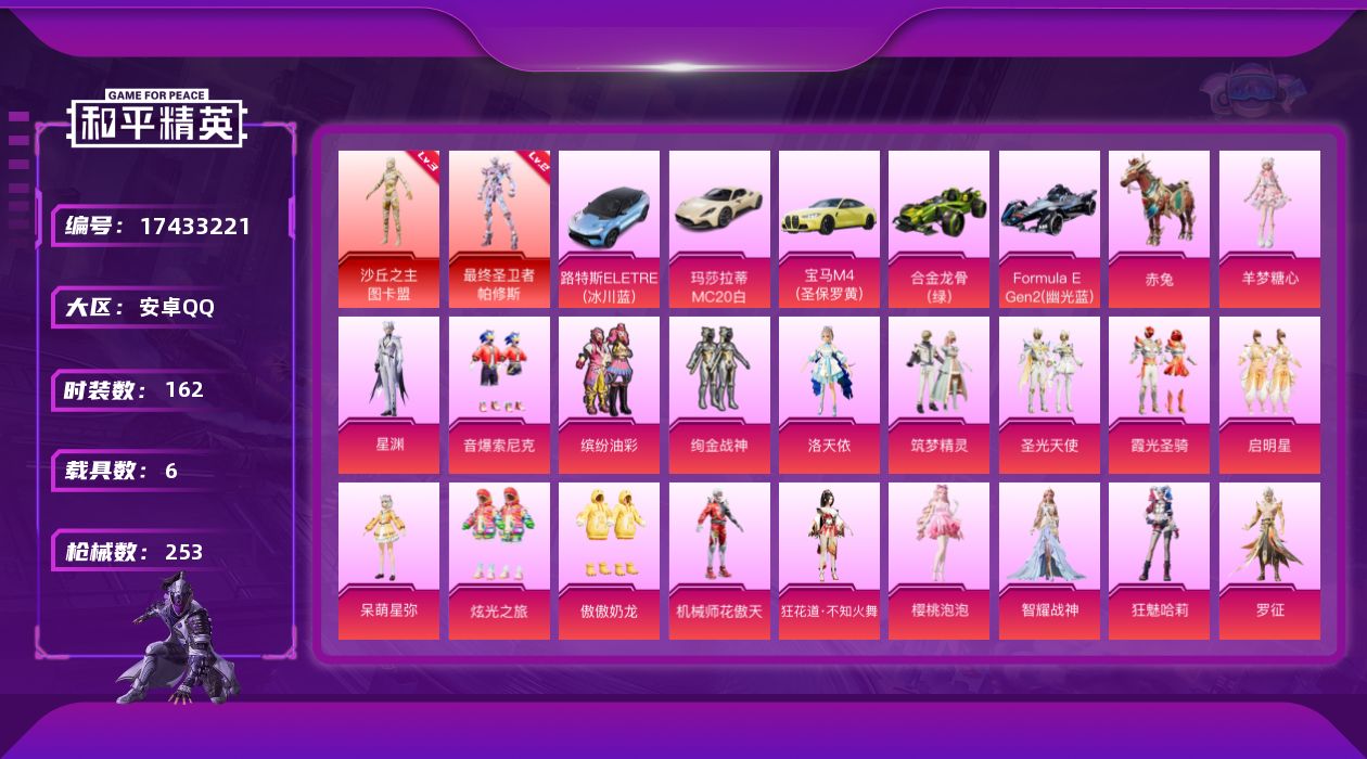 和平精英账号安卓QQ[17433221]【特价出售/店主推荐】
安卓 手Q-无敌战神框-2神装-19粉装-20特效枪-6载具-6粉色飞行器-95155热力值-18王牌印记-162套装-253枪皮
【红色神装等级】：最终圣