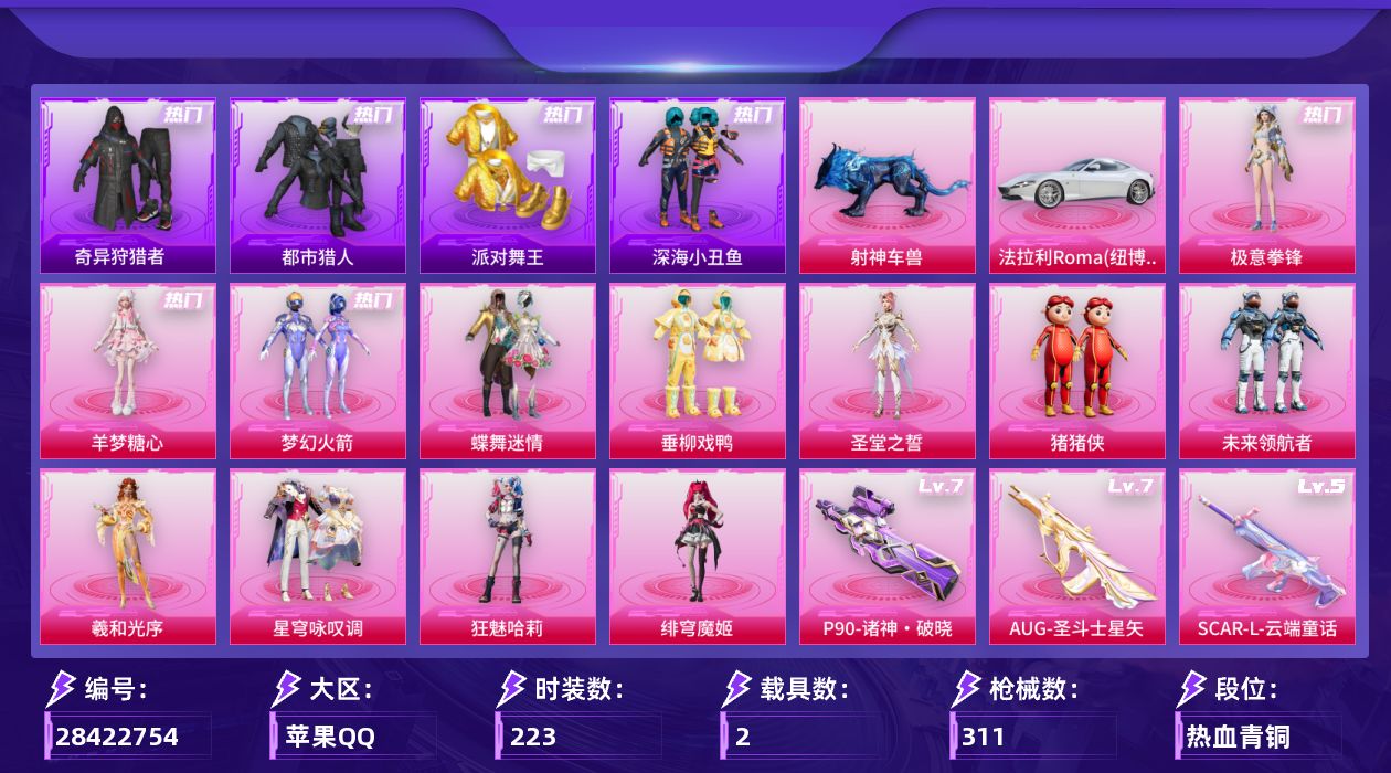 [28422754]苹果手Q-历史最高段位：超级王牌15星-12粉装-21特效枪-2载具-4粉色飞行器-101284热力值-15王牌印记-223套装-311枪皮
【热门品类】：粉装-梦幻火箭，套装-浪漫天命，套装-都市猎人，套装-派对舞王，套装-深海小丑鱼，套装-小丑鱼，套装-奇异狩猎者，套装-忍者信条，套装-龟仙人，角色-8号机，角色-Mark.06，套装-红熊茄茄
【粉色套装】：粉装-蝶舞迷情，粉装-梦幻火箭，粉装-垂柳戏鸭，角色-圣堂之誓，玩偶服-猪猪侠，粉装-未来领航者，角色-羲和光序，粉装-星穹咏叹调，角色-狂魅哈莉，角色-绯穹魔姬，角色-羊梦糖心，粉装-极意拳锋
【粉色枪皮等级】：轻型迫击炮-酷夏轰炸(一级)，AKM-绿萝繁花(五级)，SCAR-L-锦绣绵绵(四级)，SCAR-L-云端童话(五级)，M416-电玩时刻(五级)，GROZA-镜光银凌(五级)，AUG-暖羊咩咩(五级)，AUG-圣斗士星矢(七级)，M762-青锋波束(五级)，UMP45-量子极限(五级)，汤姆逊-玉魄流云(四级)，AKS-74U-森灵之息(五级)，P90-诸神·破晓(七级)，Kar98K-巳巳如意(五级)，Mk14-福马献瑞(五级)，MK12-雪月幻音(五级)，AA12-G-萌骑幻想(五级)，AA12-G-其乐融融(二级)，DP-28-豹影疾电(五级)，M338-仙逆(三级)，97MG-夜鸢箴言(二级)
【粉色载具】：法拉利Roma（纽博格林银），射神车兽
【粉色枪皮】：轻型迫击炮-酷夏轰炸，AKM-绿萝繁花，SCAR-L-锦绣绵绵，SCAR-L-云端童话，M416-电玩时刻，GROZA-镜光银凌，AUG-暖羊咩咩，AUG-圣斗士星矢，M762-青锋波束，UMP45-量子极限，汤姆逊-玉魄流云，AKS-74U-森灵之息，P90-诸神·破晓，Kar98K-巳巳如意，Mk14-福马献瑞，MK12-雪月幻音，AA12-G-萌骑幻想，AA12-G-其乐融融，DP-28-豹影疾电，M338-仙逆，97MG-夜鸢箴言
【粉色飞行器】：炫彩糖果飞行器，冰狼掠影飞行器，星罗盘飞行器
【粉色降落伞】：幻影战神降落伞，春暖花开降落伞，闪光银龙降落伞，垂柳戏鸭降落伞，彩虹甜喵降落伞，千面幻镜降落伞，旋转彩虹降落伞，歌者泠鸢降落伞，闲梦青缨降落伞，萌物绒绒降落伞，精灵梦叶罗丽降落伞，初号机 觉醒Ver.降落伞，鬼刀降落