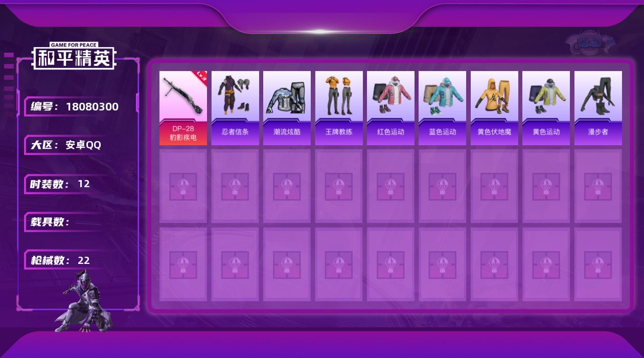 和平精英账号安卓QQ[18080300]安卓 手Q-0粉装-3特效枪-0载具-0粉色飞行器-4007热力值-0王牌印记-12套装-22枪皮
【热门品类】：套装-忍者信条
【粉色枪皮等级】：UMP45-萌骑冒险(三级)，M