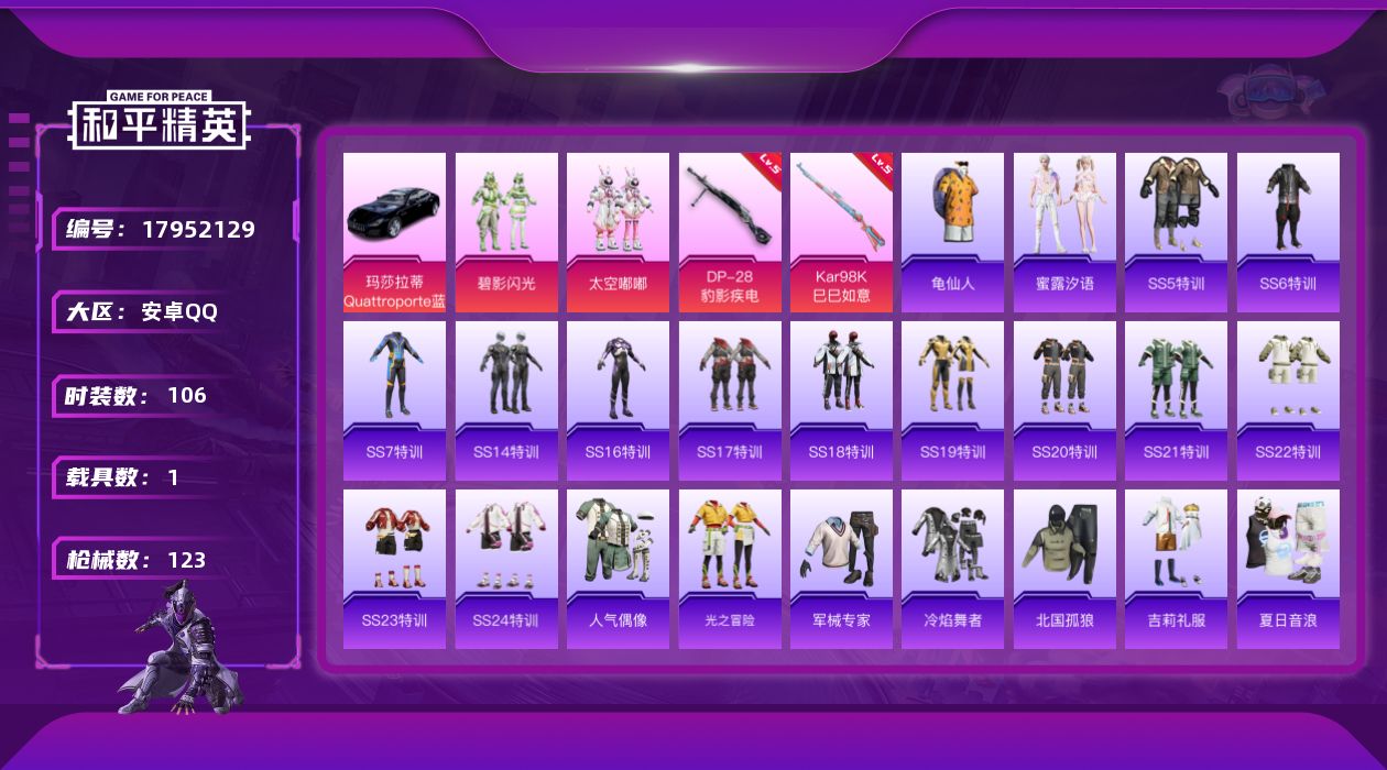 和平精英账号安卓QQ[17952129]安卓 手Q-2粉装-2特效枪-1载具-2粉色飞行器-38277热力值-1王牌印记-106套装-123枪皮
【热门品类】：套装-龟仙人
【粉色套装】：粉装-碧影闪光，粉装-太空嘟嘟
