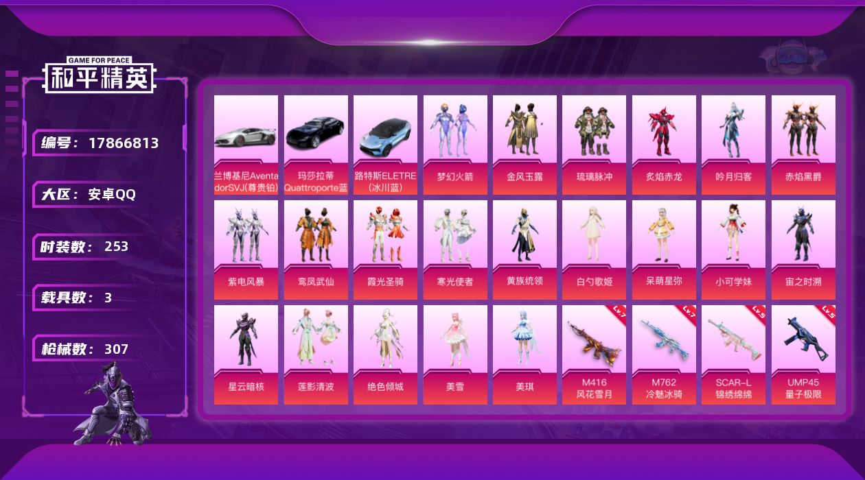 和平精英账号安卓QQ[17866813]安卓 手Q-20粉装-4特效枪-3载具-12粉色飞行器-102520热力值-12王牌印记-253套装-307枪皮
【热门品类】：粉装-梦幻火箭，角色-2B战斗服款，套装-SS1特训