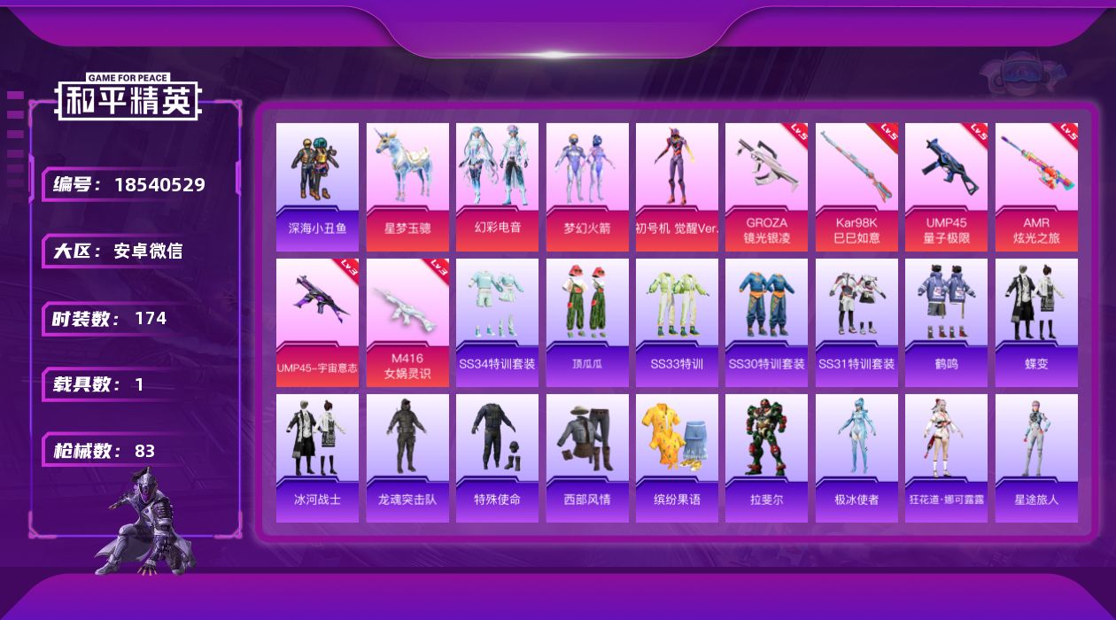 和平精英账号安卓微信[18540529]1载具-47套装-83枪皮--1稀有1载具3粉装6特效枪7热门47套装83枪皮 