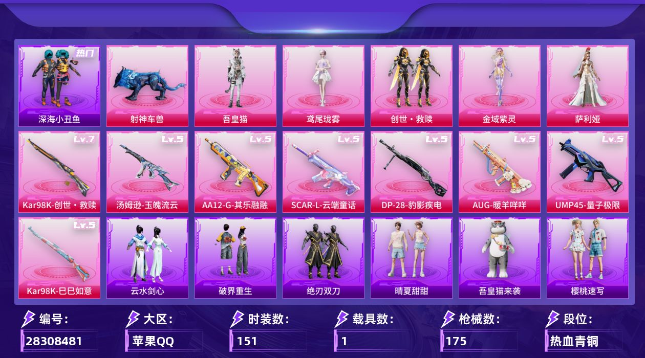 [28308481]苹果手Q-历史最高段位：卓越王牌17星-5粉装-8特效枪-1载具-6粉色飞行器-57638热力值-14王牌印记-151套装-175枪皮
【热门品类】：套装-深海小丑鱼，套装-粉红小猪，角色-Mark.06
【粉色套装】：套装-创世·救赎，角色-金域紫灵，角色-萨利娅，角色-鸢尾珑雾，角色-吾皇猫
【粉色枪皮等级】：SCAR-L-云端童话(五级)，AUG-暖羊咩咩(五级)，UMP45-量子极限(五级)，汤姆逊-玉魄流云(五级)，Kar98K-创世·救赎(七级)，Kar98K-巳巳如意(五级)，AA12-G-其乐融融(五级)，DP-28-豹影疾电(五级)
【粉色载具】：射神车兽
【粉色枪皮】：SCAR-L-云端童话，AUG-暖羊咩咩，UMP45-量子极限，汤姆逊-玉魄流云，Kar98K-创世·救赎，Kar98K-巳巳如意，AA12-G-其乐融融，DP-28-豹影疾电
【粉色飞行器】：繁龙极客飞行器，冠军兔兔飞行器，幻海精灵飞行器，深渊漩涡飞行器，星罗盘飞行器，幻光九尾飞行器
【粉色降落伞】：灰烬之翎降落伞，星之彼岸降落伞，镜光幻境降落伞，精灵梦叶罗丽降落伞，创世·救赎降落伞，星梦奇缘降落伞，初号机 觉醒Ver.降落伞，金丰海韵降落伞，千金淑猫降落伞，星穹咏叹调降落伞，仙逆降落伞，夜鸢箴言降落伞，吾皇猫降落伞
【稀有套装】：套装-摩登天骄，套装-绒宝小鹅，套装-巳巳如意，套装-迅捷龙虾，套装-遗迹猎人，角色-梨子酱联名款，套装-云宝联名款，套装-其乐融融，套装-彩旗巡礼，套装-恋语绒绒，套装-晴夏甜甜，套装-绝刃双刀，套装-云水剑心，套装-破界重生，套装-冰河战士，套装-雏菊兔兔，套装-萝兰蝴蝶，套装-小熊娃娃，角色-米开朗基罗，角色-都市丽猫，角色-临安公主，套装-裁决天象，角色-蜜桃派对，套装-星渊小夜曲，角色-夜瞳黯灵，套装-朱霞炽焰，套装-凌霄紫焰，套装-锦灰蝶梦，套装-燕雀桃枝，角色-苍鸢海境，角色-莹鸢雪晶，套装-樱桃速写，套装-甜橙彩绘，玩偶服-吾皇猫来袭
【稀有枪皮】：AKM-彩虹符号，AKM-灼热熔岩，AKM-破晓战魂，AKM-虎虎生威，M16A4-红色方程式，M16A4-蓝色火焰，SCAR-L-炫彩节奏，SCAR-L-玉兔迎春，SCAR-L-红色方程式，M416-糯团青竹，M416-红色方程式，M416-蓝色火焰，GROZA-彩虹符号，AUG-天降萌