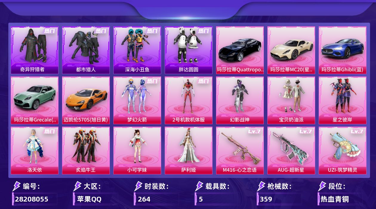 [28208055]苹果手Q-历史最高段位：超级王牌17星-9粉装-10特效枪-5载具-3粉色飞行器-115057热力值-26王牌印记-264套装-359枪皮
【热门品类】：粉装-梦幻火箭，粉装-2号机款机体服，套装-浪漫天命，套装-都市猎人，套装-深海小丑鱼，套装-小丑鱼，套装-奇异狩猎者，套装-胖达圆圆，套装-金羽特工，套装-SS1特训，套装-暗影哥特，套装-浪漫波比，熔岩游骑兵连帽夹克
【粉色套装】：粉装-幻影战神，粉装-宝贝奶油派，粉装-梦幻火箭，粉装-星之彼岸，角色-洛天依，角色-2号机款机体服，粉装-炙焰牛王，角色-小可学妹，角色-萨利娅
【粉色枪皮等级】：SCAR-L-梦幻火箭(六级)，M416-心之恋语(七级)，AUG-超新星(七级)，蜜獾-异瞳寒姬(五级)，UZI-筑梦精灵(七级)，Kar98K-巳巳如意(五级)，SKS-碧影闪光(七级)，Mk14-福马献瑞(三级)，AA12-G-萌骑幻想(三级)，DP-28-豹影疾电(五级)
【粉色载具】：玛莎拉蒂MC20（星石白），玛莎拉蒂Quattroporte（夜幕蓝），玛莎拉蒂Ghibli（蓝），玛莎拉蒂Grecale（薄荷绿），迈凯伦570S（旭日黄）
【粉色枪皮】：SCAR-L-梦幻火箭，M416-心之恋语，AUG-超新星，蜜獾-异瞳寒姬，UZI-筑梦精灵，Kar98K-巳巳如意，SKS-碧影闪光，Mk14-福马献瑞，AA12-G-萌骑幻想，DP-28-豹影疾电
【粉色飞行器】：炫彩糖果飞行器，梦幻火箭飞行器，极意拳锋飞行器
【粉色降落伞】：梦幻火箭降落伞，天启纪元降落伞，心之恋语降落伞，潮汐统领降落伞，星之彼岸降落伞，怪笑疯兔降落伞，洛神天依降落伞，碧影闪光降落伞，环太平洋降落伞，垂柳戏鸭降落伞，彩虹甜喵降落伞，未来歌姬降落伞，星穹咏叹调降落伞，炫彩糖果降落伞
【稀有套装】：套装-巳巳如意，套装-炫彩糖果，角色-阿虎，套装-迅捷龙虾，套装-遗迹猎人，套装-恋语绒绒，角色-苏沐橙，套装-荒原烈焰，套装-香桃花海，角色-都市丽猫，套装-雨过天青，套装-红釉青花，套装-锦灰蝶梦，套装-燕雀桃枝，套装-玉兰双鹊，角色-苍鸢海境
【稀有枪皮】：AUG-冰晶雪宝，AKM-冰凉西瓜，AKM-夜灯，AKM-彩虹符号，AKM-影袭，AKM-灼热熔岩，AKM-玉龙，AKM-王牌投手，AKM-环太平洋，AKM-破晓战魂，AKM-筑梦精灵，