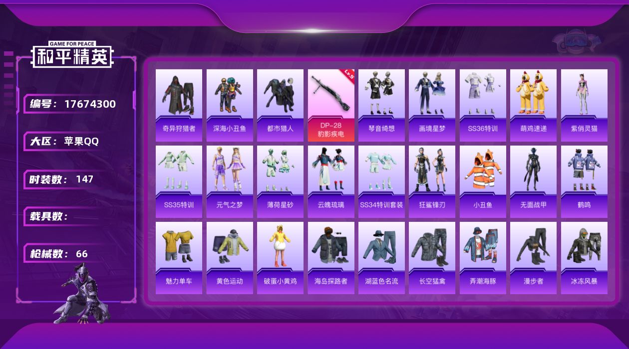 和平精英账号苹果QQ0载具-33套装-66枪皮-3稀有2特效枪9热门33套装66枪皮 15143热力值 3印记 历史卓越