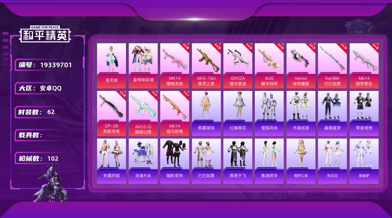 和平精英账号安卓QQ[19339701]安卓 手Q-2粉装-10特效枪-0载具-0粉色飞行器-28498热力值-1王牌印记-62套装-102枪皮
【热门品类】：套装-浪漫天命，套装-暗影哥特
【粉色套装】：角色-洛天依，