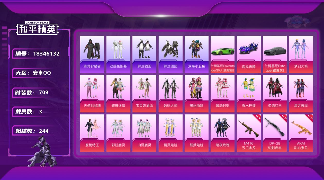 和平精英账号安卓QQ[18346132]3载具-192套装-244枪皮-2稀有3载具16粉装9特效枪41热门191套装2