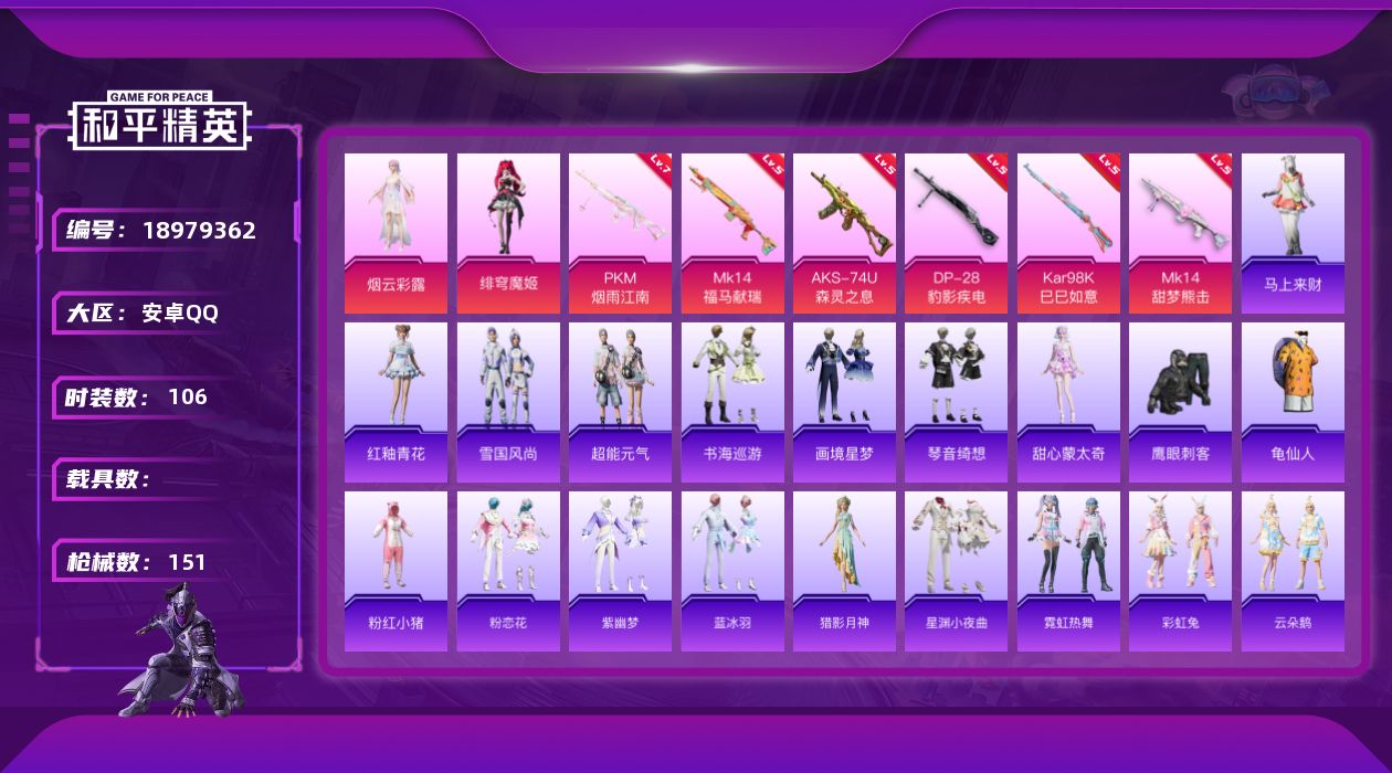 和平精英账号安卓QQ[18979362]安卓 手Q-2粉装-6特效枪-0载具-1粉色飞行器-40621热力值-5王牌印记-106套装-151枪皮
【热门品类】：套装-龟仙人，套装-粉红小猪
【粉色套装】：角色-烟云彩露，