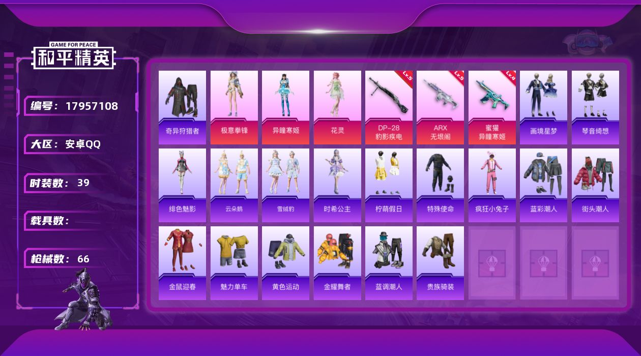 和平精英账号安卓QQ[17957108]安卓 手Q-3粉装-5特效枪-0载具-2粉色飞行器-19901热力值-2王牌印记-39套装-66枪皮
【热门品类】：套装-奇异狩猎者
【粉色套装】：角色-花灵，角色-异瞳寒姬，粉装
