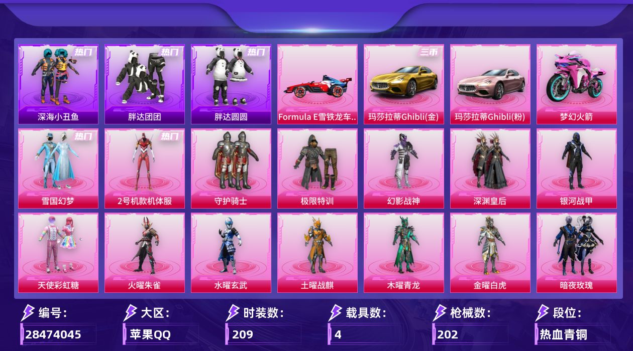 [28474045]苹果手Q-历史最高段位：超级王牌13星-15粉装-7特效枪-4载具-3粉色飞行器-91211热力值-6王牌印记-209套装-202枪皮
【热门品类】：粉装-雪国幻梦，粉装-2号机款机体服，套装-深海小丑鱼，套装-胖达团团，套装-胖达圆圆，套装-忍者信条，套装-龟仙人，套装-暗影哥特，套装-浪漫波比
【粉色套装】：粉装-守护骑士，粉装-极限特训，粉装-幻影战神，粉装-深渊皇后，粉装-银河战甲，粉装-天使彩虹糖，粉装-火曜朱雀，粉装-水曜玄武，粉装-土曜战麒，粉装-木曜青龙，粉装-金曜白虎，粉装-雪国幻梦，粉装-暗夜玫瑰，角色-2号机款机体服，角色-特战灵喵
【粉色枪皮等级】：SCAR-L-梦幻火箭(五级)，M416-五爪金龙(五级)，M762-甜蜜誓约(四级)，UMP45-雪国精灵(七级)，汤姆逊-玉魄流云(五级)，Kar98K-巳巳如意(五级)，M24-翩跹演武(四级)
【粉色载具】：玛莎拉蒂Ghibli（金），玛莎拉蒂Ghibli（粉），Formula E雪铁龙车队（先锋红），双人摩托-梦幻火箭
【粉色枪皮】：SCAR-L-梦幻火箭，M416-五爪金龙，M762-甜蜜誓约，UMP45-雪国精灵，汤姆逊-玉魄流云，Kar98K-巳巳如意，M24-翩跹演武
【粉色飞行器】：炫彩糖果飞行器，梦幻火箭飞行器，太空嘟嘟飞行器
【粉色降落伞】：破风疾驰降落伞，极限特训降落伞，幻影战神降落伞，凝视深渊降落伞，银河战甲降落伞，甜心宝贝降落伞，至尊龙雀降落伞，雪国幻梦降落伞，梦幻火箭降落伞，甜蜜誓约降落伞，香水柠檬降落伞，暗夜玫瑰降落伞，齐天大圣降落伞，环太平洋降落伞，垂柳戏鸭降落伞，歌者泠鸢降落伞，炫彩糖果降落伞，鸢尾珑雾降落伞，陈平安降落伞
【稀有套装】：套装-龟仙人，套装-炫彩糖果，套装-云宝联名款，套装-其乐融融，套装-恋语绒绒，套装-绝刃双刀，套装-荒原烈焰，套装-云水剑心，角色-蜜桃派对，角色-莹鸢雪晶，套装-风纪星徽，套装-薄荷书签，套装-紧束战规
【稀有枪皮】：AUG-冰晶雪宝，AKM-夜灯，AKM-奇异狩猎者，AKM-折纸暴龙，AKM-春暖花开，AKM-生命誓言，AKM-缤纷海域，AKM-龙的传人，M16A4-凝视深渊，M16A4-幻世战舞者，M16A4-机械英豪，M16A4-甜心亚梦，M16A4-莲影清波，M16A4-蓝色火焰，SCAR-L-凝视深渊，SCAR