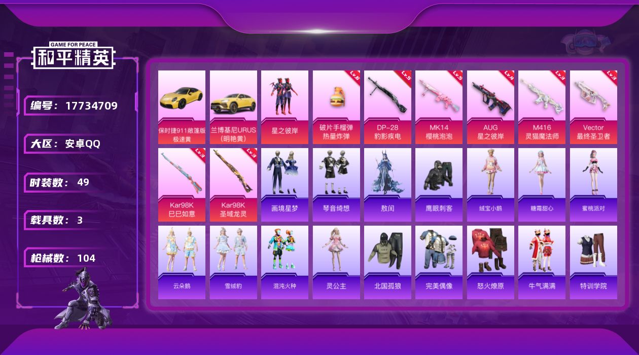 和平精英账号安卓QQ[17734709]【店主推荐捡漏号！可直接换绑】安卓 手Q-2粉装-12特效枪-3载具-11粉色飞行器-35285热力值-1王牌印记-49套装-104枪皮【粉色套装】：粉装-星之彼岸，角色-辉云木星
