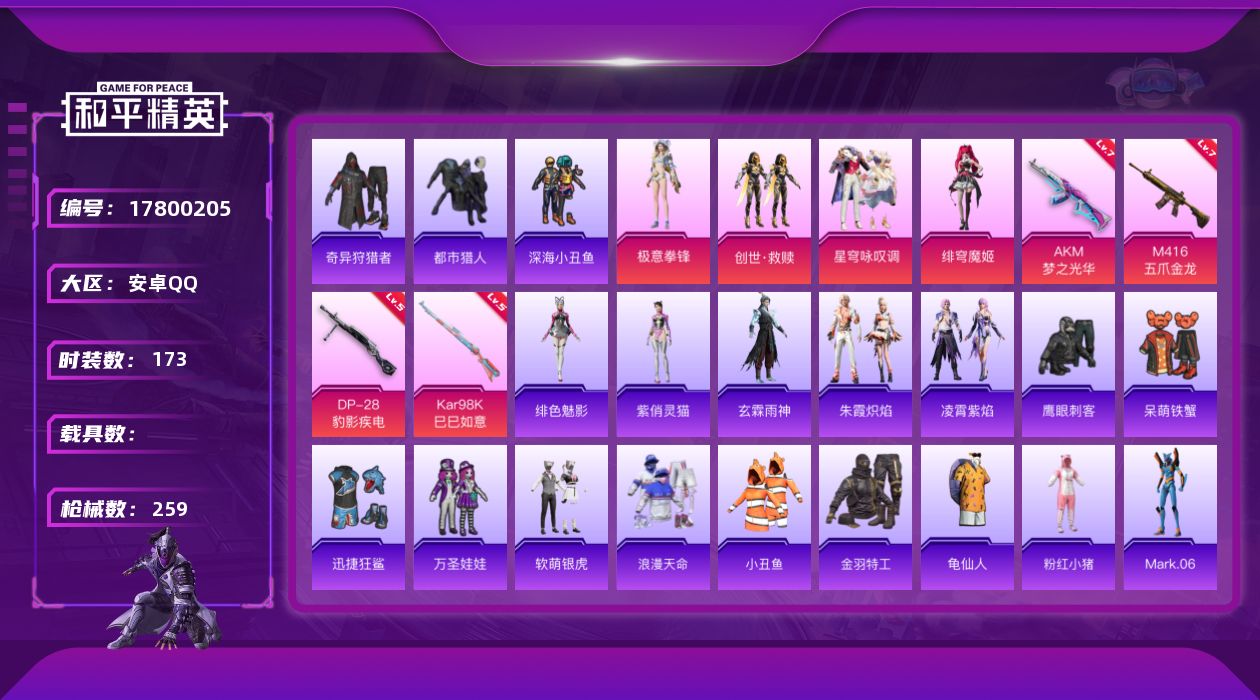 和平精英账号安卓QQ[17800205]时装数: 629 枪械数: 259 战备数: 184 热门装扮: 奇异狩猎者,呆