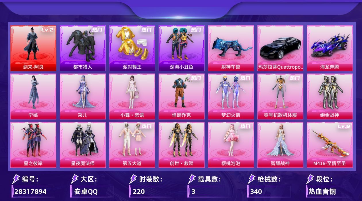[28317894]安卓手Q-历史最高段位：超级王牌18星-1神装-13粉装-25特效枪-3载具-9粉色飞行器-112474热力值-19王牌印记-220套装-340枪皮
【红色神装等级】：剑来-阿良(二级)
【红色角色神装】：剑来-阿良
【热门品类】：粉装-怪诞乔克，粉装-梦幻火箭，粉装-零号机款机体服，套装-浪漫天命，套装-都市猎人，套装-派对舞王，套装-深海小丑鱼，套装-小丑鱼，角色-军刀雅典娜，套装-暗夜行者，角色-2B战斗服款，套装-暗夜之虎，套装-龟仙人，套装-暗影哥特，套装-粉红小猪，熔岩游骑兵连帽夹克
【粉色套装】：粉装-怪诞乔克，粉装-梦幻火箭，粉装-绚金战神，粉装-星之彼岸，角色-零号机款机体服，粉装-星夜魔法师，粉装-第五大道，套装-创世·救赎，角色-樱桃泡泡，角色-智耀战神，人物-小舞·恋语，角色-采儿，角色-宁姚
【粉色枪皮等级】：AKM-幻海仙踪(五级)，SCAR-L-梦幻火箭(七级)，M416-风花雪月(一级)，M416-至情至圣(九级)，AUG-星之彼岸(五级)，M762-神印王座(五级)，ACE32-萌骑漫游(四级)，ARX-神木藏锋(四级)，UMP45-量子极限(五级)，Vector-环太平洋(五级)，Vector-最终圣卫者(三级)，汤姆逊-玉魄流云(一级)，AKS-74U-森灵之息(五级)，AKS-74U-琉璃赤心(四级)，P90-诸神·破晓(五级)，Kar98K-巳巳如意(五级)，Mk14-福马献瑞(五级)，AA12-G-萌骑幻想(五级)，AA12-G-其乐融融(一级)，DP-28-豹影疾电(五级)，MG3-洛神天依(四级)，PKM-萌骑夺宝(四级)，烟雾弹-日月星辰(四级)，燃烧瓶-天降桃花(六级)，破片手榴弹-美味星星糖(六级)
【粉色载具】：玛莎拉蒂Quattroporte（夜幕蓝），海龙奔腾，射神车兽
【粉色枪皮】：AKM-幻海仙踪，SCAR-L-梦幻火箭，M416-风花雪月，M416-至情至圣，AUG-星之彼岸，M762-神印王座，ACE32-萌骑漫游，ARX-神木藏锋，UMP45-量子极限，Vector-环太平洋，Vector-最终圣卫者，汤姆逊-玉魄流云，AKS-74U-森灵之息，AKS-74U-琉璃赤心，P90-诸神·破晓，Kar98K-巳巳如意，Mk14-福马献瑞，AA12-G-萌骑幻想，AA12-G-其乐融融，DP-28-豹