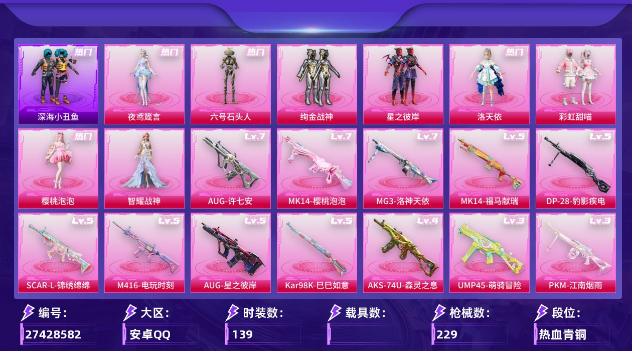 和平精英账号安卓QQ[27428582]可二次【特价出售/店主推荐--热门套装小丑鱼小螳螂哥特三把七级枪】安卓手Q-8粉装-15特效枪-3粉色飞行器-66976热力值-9王牌印记-139套装-229枪皮【热门品类】：套装