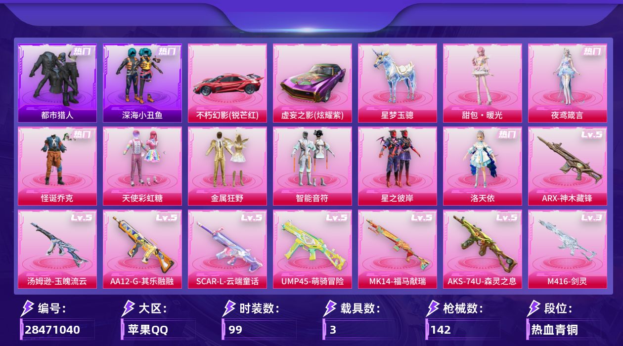 [28471040]苹果手Q-历史最高段位：卓越王牌7星-8粉装-11特效枪-3载具-5粉色飞行器-46640热力值-5王牌印记-99套装-142枪皮
【热门品类】：粉装-怪诞乔克，套装-浪漫天命，套装-都市猎人，套装-深海小丑鱼，套装-暗影哥特
【粉色套装】：粉装-怪诞乔克，粉装-天使彩虹糖，粉装-金属狂野，粉装-智能音符，粉装-星之彼岸，角色-洛天依，角色-夜鸢箴言，人物-甜包·暖光
【粉色枪皮等级】：SCAR-L-云端童话(五级)，M416-剑灵(三级)，AUG-星梦奇缘(三级)，ARX-神木藏锋(五级)，UMP45-萌骑冒险(五级)，Vector-流风之羽(四级)，汤姆逊-玉魄流云(五级)，AKS-74U-森灵之息(五级)，P90-沙丘之主(三级)，Mk14-福马献瑞(五级)，AA12-G-其乐融融(五级)
【粉色载具】：不朽幻影（锐芒红），虚妄之影（炫耀紫），星梦玉骢
【粉色枪皮】：SCAR-L-云端童话，M416-剑灵，AUG-星梦奇缘，ARX-神木藏锋，UMP45-萌骑冒险，Vector-流风之羽，汤姆逊-玉魄流云，AKS-74U-森灵之息，P90-沙丘之主，Mk14-福马献瑞，AA12-G-其乐融融
【粉色飞行器】：炫彩糖果飞行器，镜光幻境飞行翼，幻光九尾飞行器，剑影随行飞行器
【粉色降落伞】：灰烬之翎降落伞，甜心宝贝降落伞，星之彼岸降落伞，洛神天依降落伞，霓虹漫游降落伞，星梦奇缘降落伞，异瞳寒姬降落伞，炫彩糖果降落伞，吾皇猫降落伞，幻音九尾降落伞，剑灵降落伞
【稀有套装】：套装-雪国风尚，套装-炫彩糖果，套装-马上有钱，套装-迅捷龙虾，套装-遗迹猎人，套装-云宝联名款，套装-其乐融融，套装-彩旗巡礼，套装-恋语绒绒，套装-晴夏甜甜，套装-绝刃双刀，套装-荒原烈焰，套装-云水剑心，套装-破界重生，套装-书海巡游，套装-画境星梦，套装-琴音绮想，套装-雨过天青，套装-红釉青花，套装-锦灰蝶梦，套装-燕雀桃枝，角色-莹鸢雪晶，套装-樱桃速写，角色-龙皓晨，玩偶服-巴扎黑，角色-九皇女，套装-鲛绡织梦，套装-皎白汐音，套装-沁蓝之约，角色-齐静春
【稀有枪皮】：AKM-影袭，AKM-星之彼岸，AKM-破晓战魂，AKM-缤纷海域，SCAR-L-夜灯，M416-红色方程式，GROZA-影袭，AUG-耀粉歌者，QBZ-洛神天依，M762-天降萌叽，M762-甜心宝贝，M762-萌
