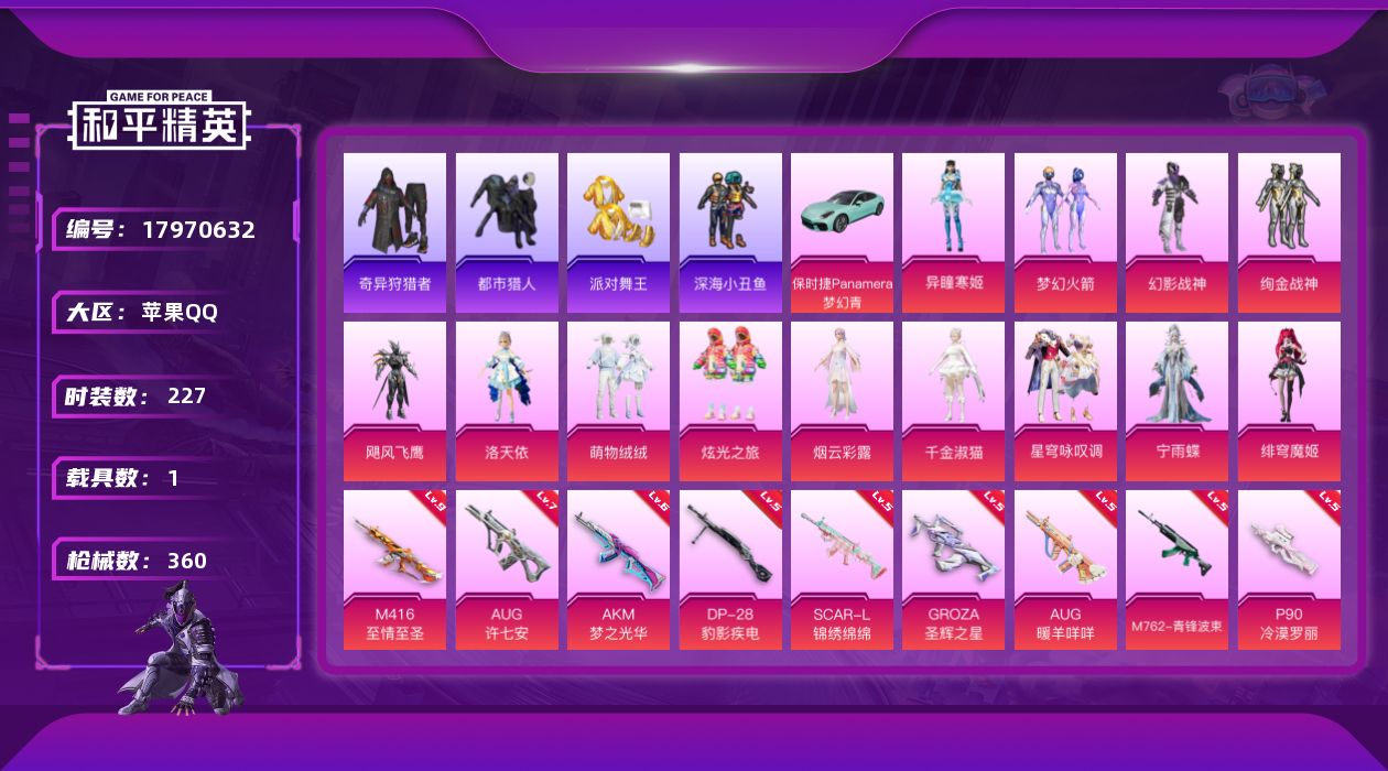 和平精英账号苹果QQ[17970632]苹果 手Q-无敌战神框-13粉装-21特效枪-1载具-8粉色飞行器-111721热力值-15王牌印记-227套装-360枪皮
【热门品类】：粉装-梦幻火箭，套装-浪漫天命，套装-都