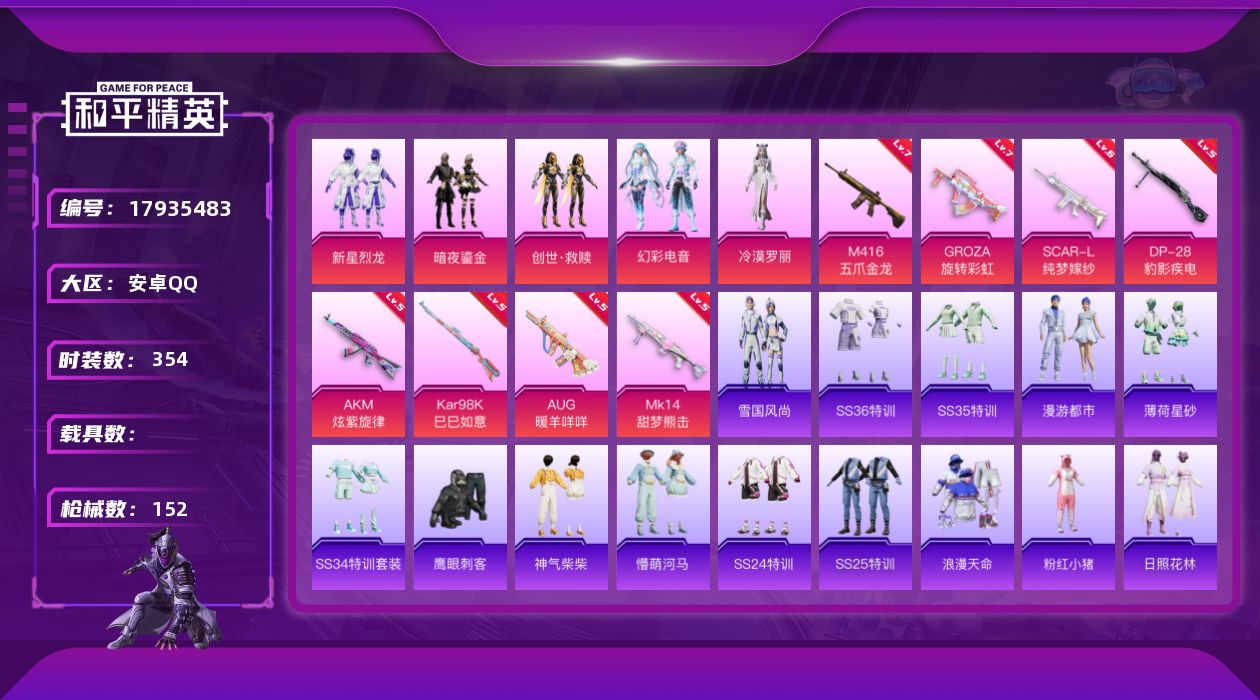 和平精英账号安卓QQ[17935483]实名: 可修改 时装数: 354 枪械数: 152 战备数: 100 热门装扮: